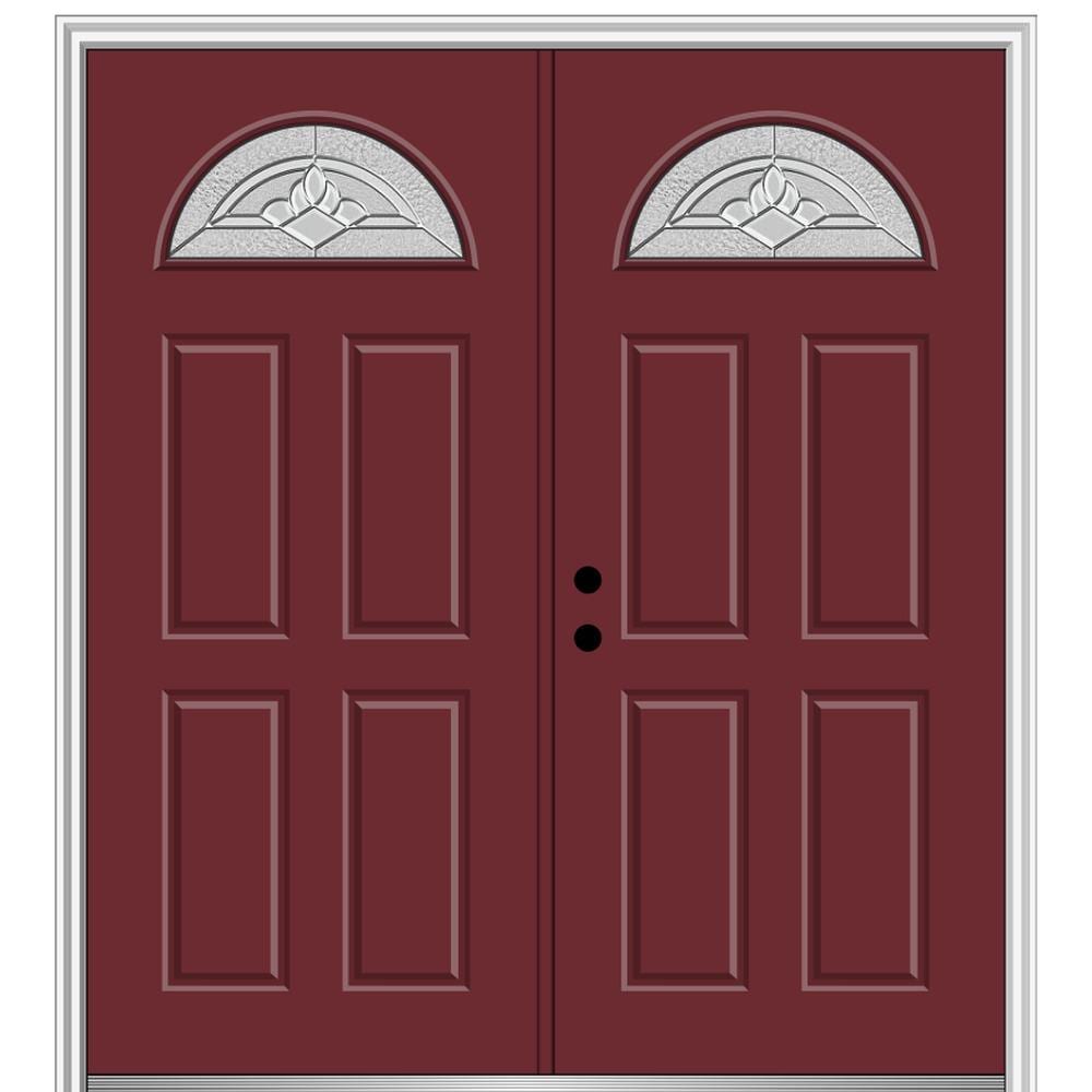 MMI DOOR ZZ366017R 68-in x 80-in x 4-9/16-in Fiberglass 1/4 lite Right-hand inswing Burgundy Painted Prehung Double Front Door with Brickmould Insulating core