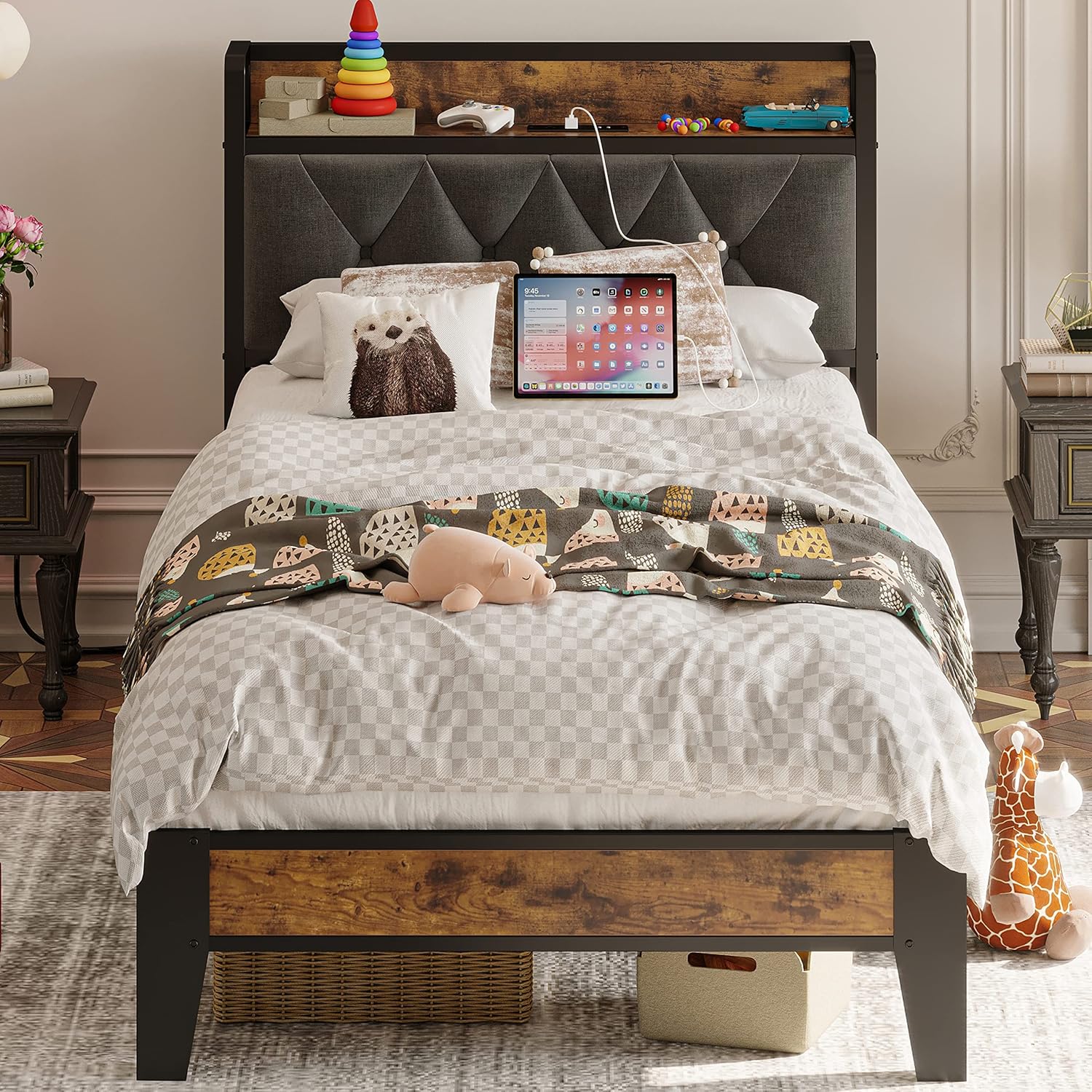 Anctor SAQLSCUDVZYMM4TB 40.7-in W Vintage Brown and Gray Twin Bed Frame with Storage Headboard and Outlets