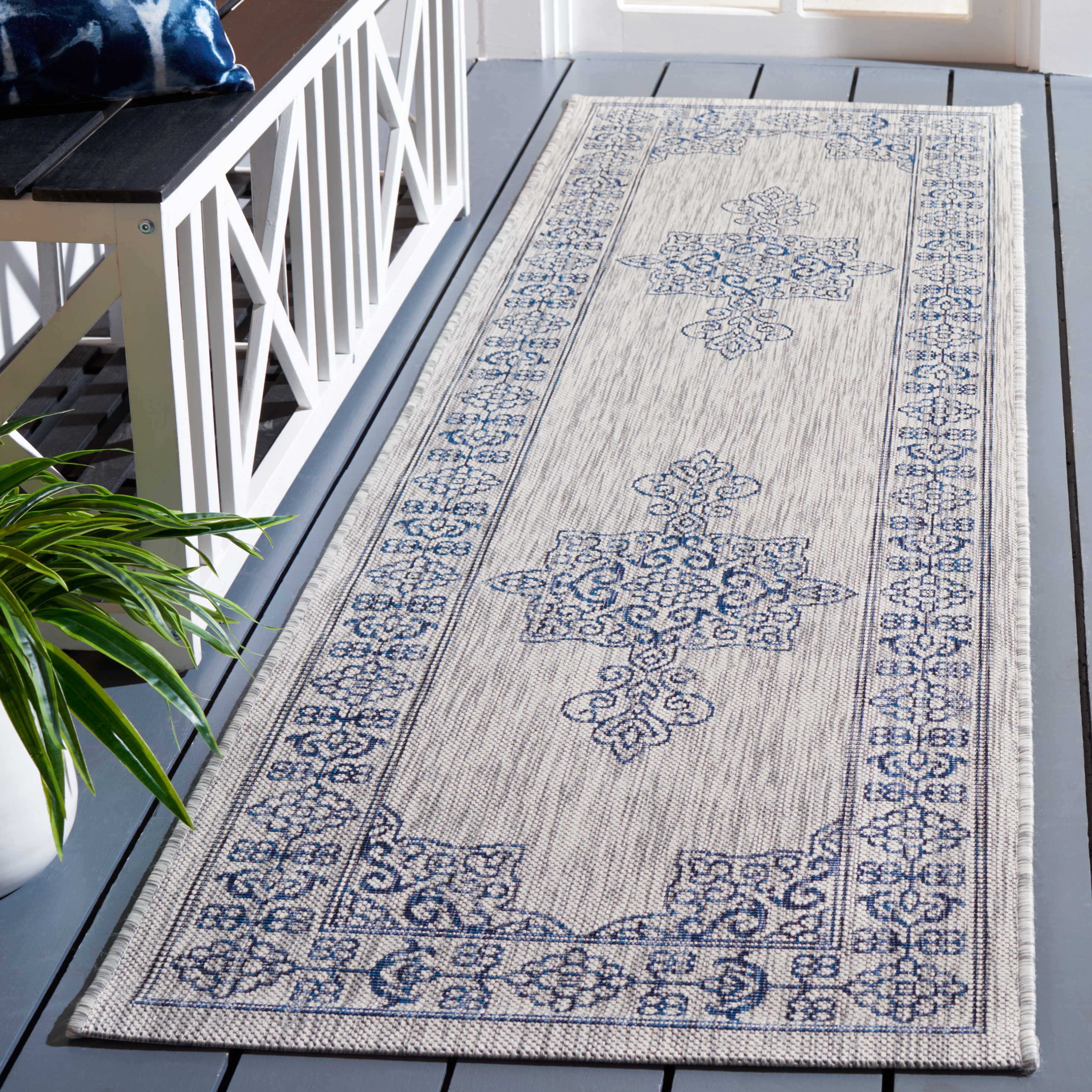 Safavieh CY8232-36812-28 Courtyard 2 x 8 (ft) Loomed Polypropylene Gray/Navy Rectangular Indoor/Outdoor Abstract Coastal Runner rug