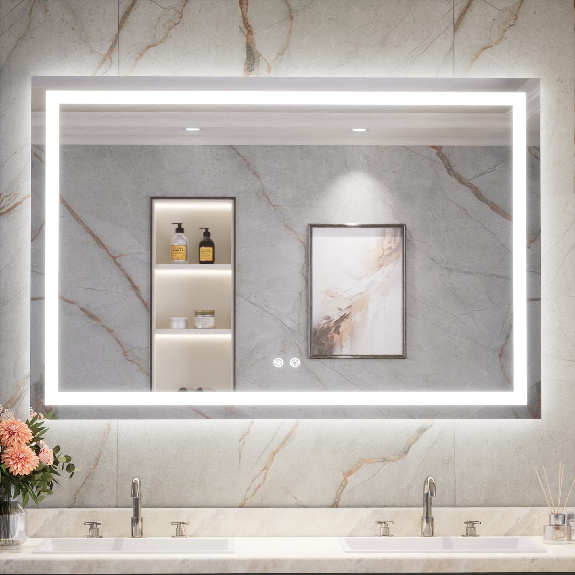 Keonjinn LW-ZBGFXFJ-12181F Bathroom Mirrors 48-in x 32-in Polished Frameless Rectangle Dimmable LED Lighted Fog Free Bathroom Vanity Mirror ( Silver )