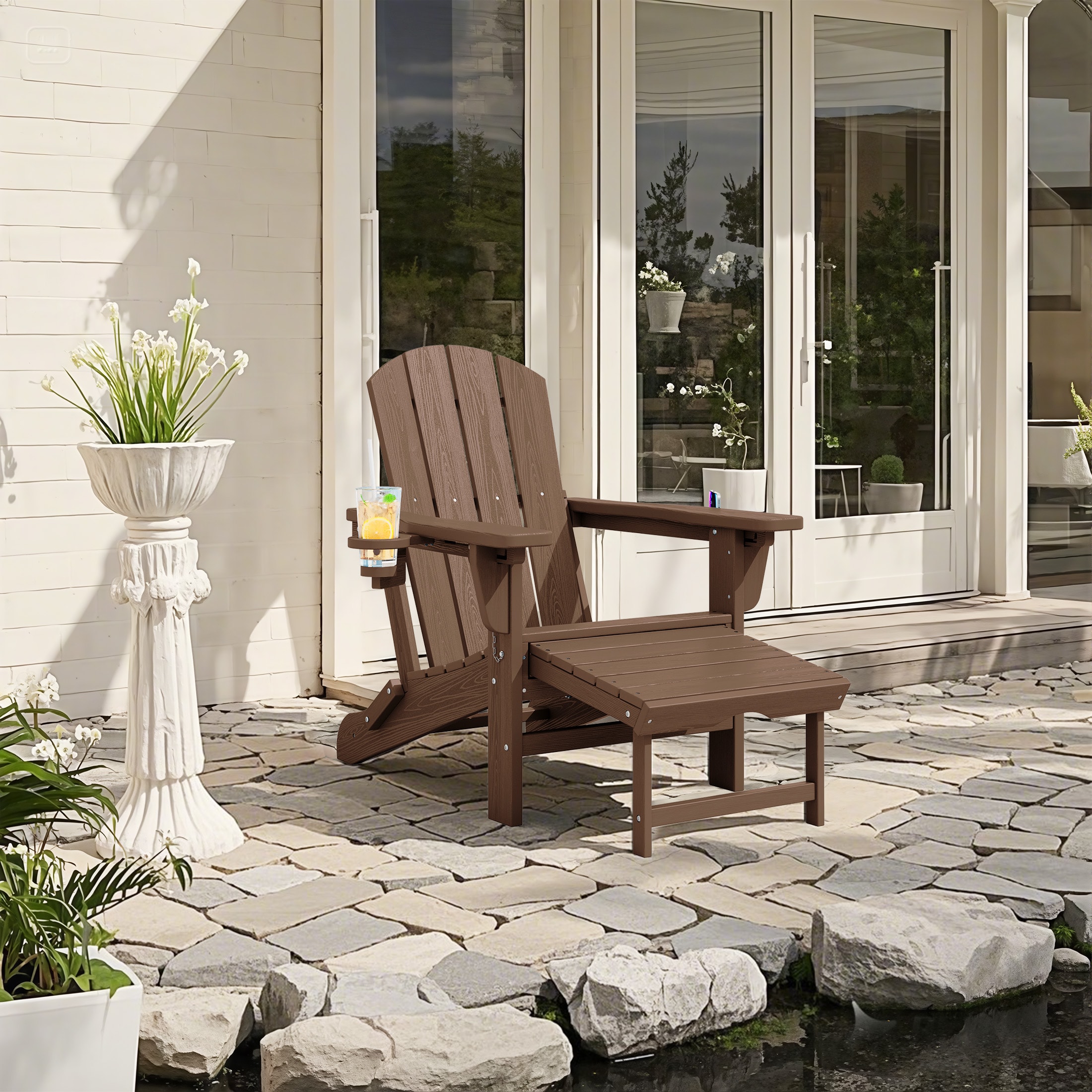 JEAREY SBTCLGJ-BN Foldable Adirondack Chair with Retractable ottoman Brown HDPE Frame Stationary Adirondack Chair with Slat Seat