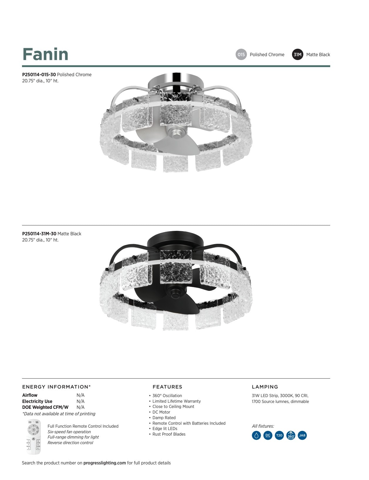 Polished Chrome 20" LED Fandelier with Remote and Glass Accents