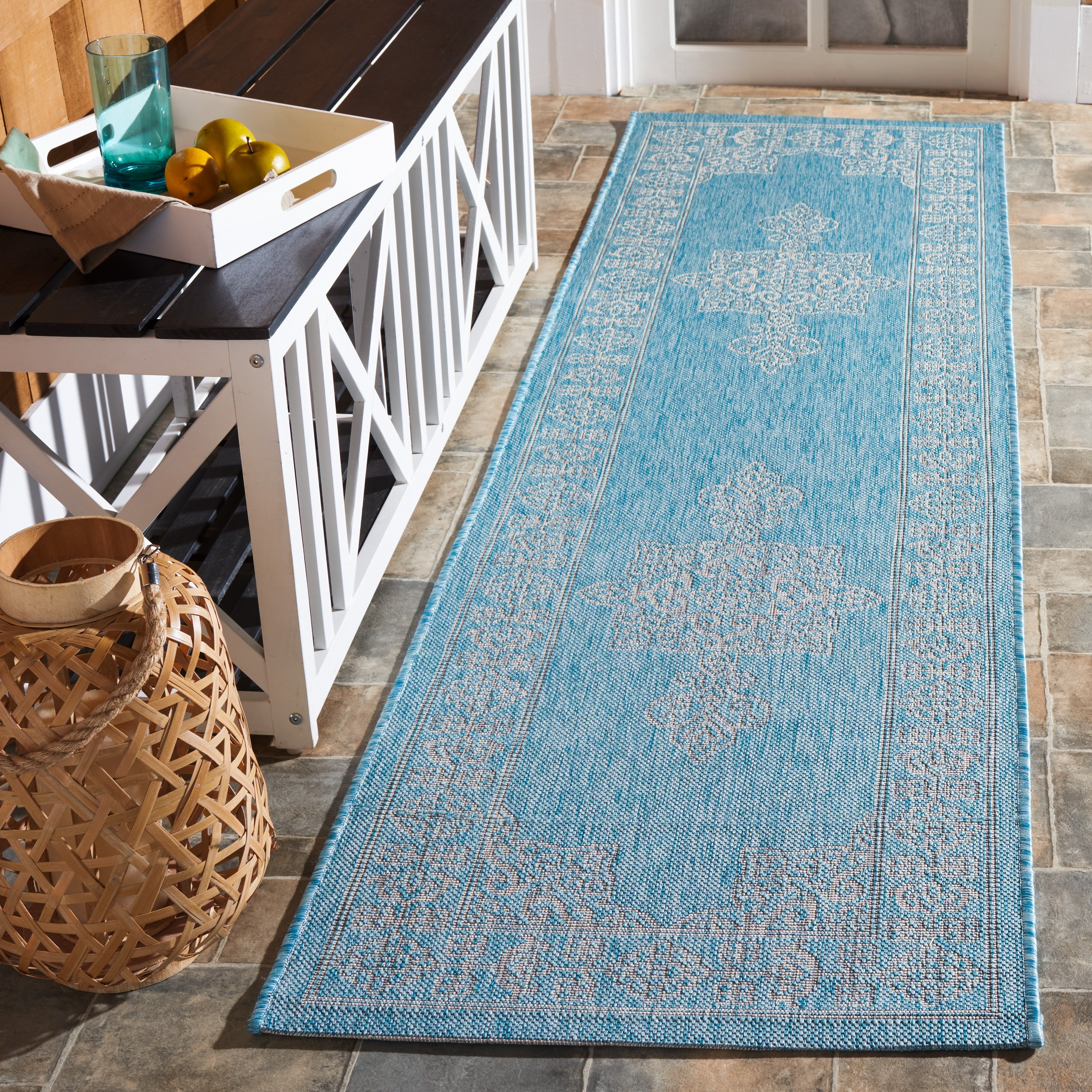 Safavieh CY8232-37121-28 Courtyard 2 x 8 (ft) Loomed Polypropylene Aqua/Gray Rectangular Indoor/Outdoor Abstract Coastal Runner rug