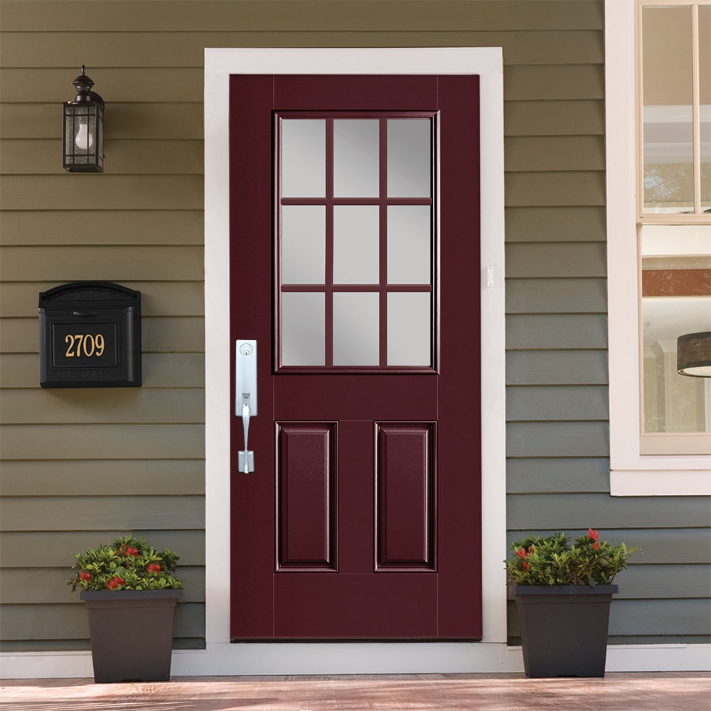 Masonite 1218764 36-in x 80-in x 4-9/16-in Fiberglass Half lite Right-hand inswing Currant Painted Prehung Front Door with Brickmould Insulating core with Grilles