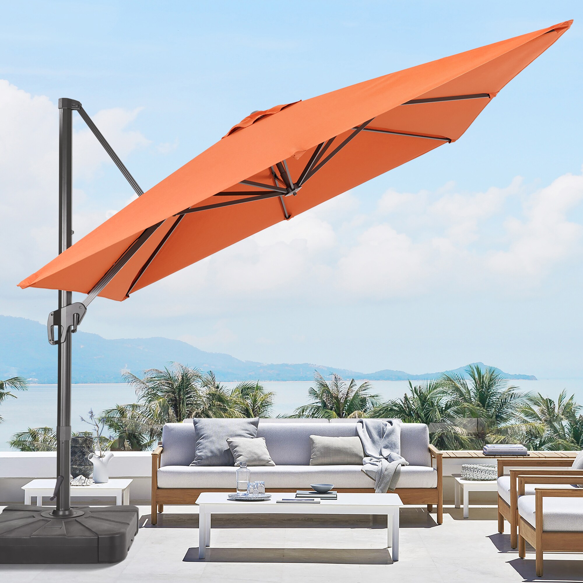 Sonkuki 10-ft No-tilt Cantilever Patio Umbrella With Base In The Patio ...