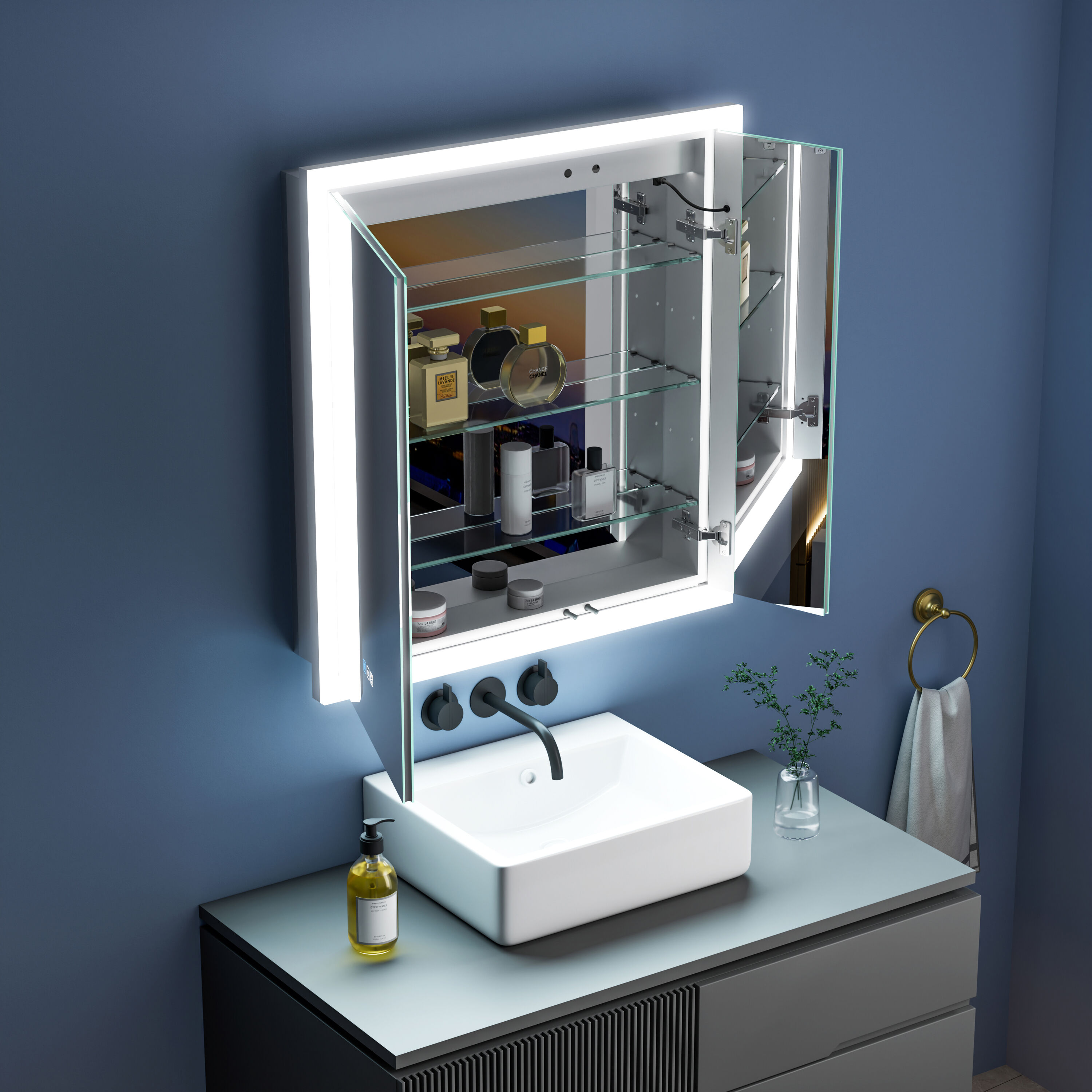 Forclover WBSGOYF22 30-in x 32-in Lighted LED Fog Free Surface/Recessed Mount Silver Mirrored Rectangle Soft Close Medicine Cabinet with Outlet