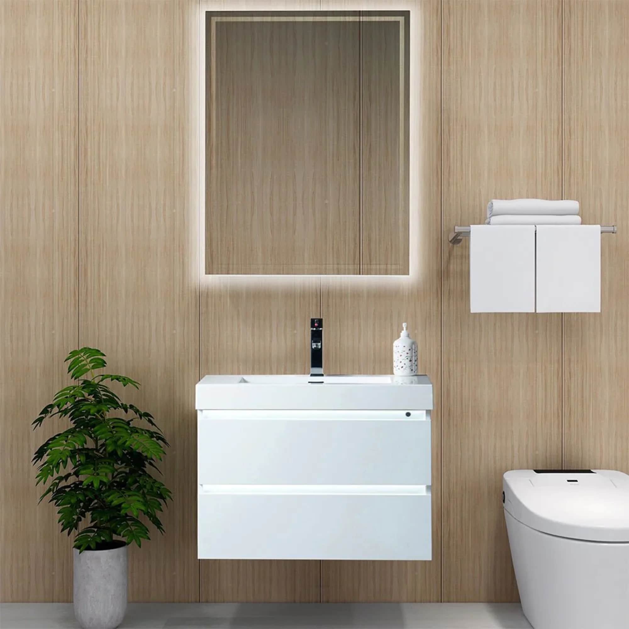 Glossy White Wall-Mount Single Sink Bathroom Vanity with Resin Top