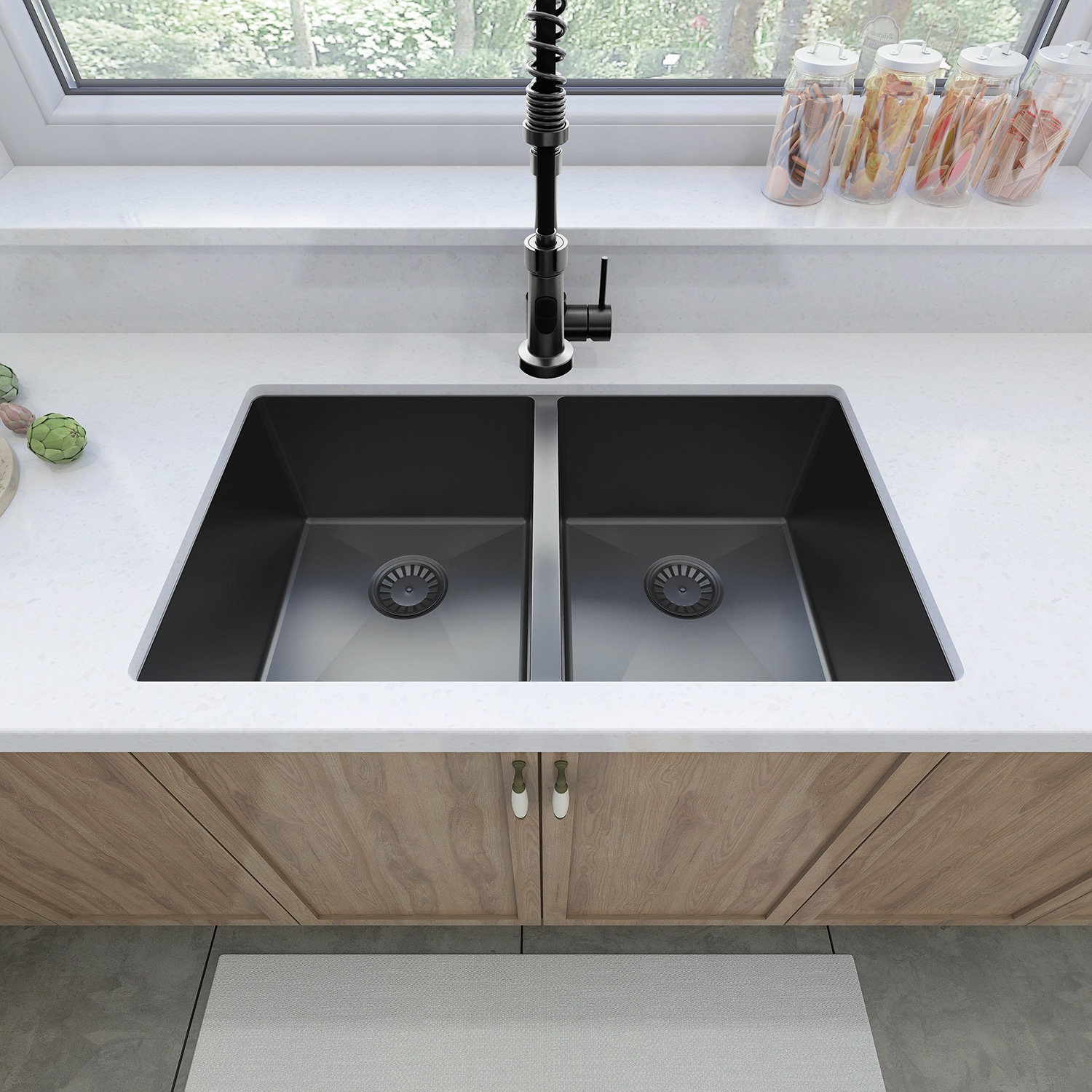 Sinber 32" Black Stainless Steel Double Bowl Undermount Kitchen Sink