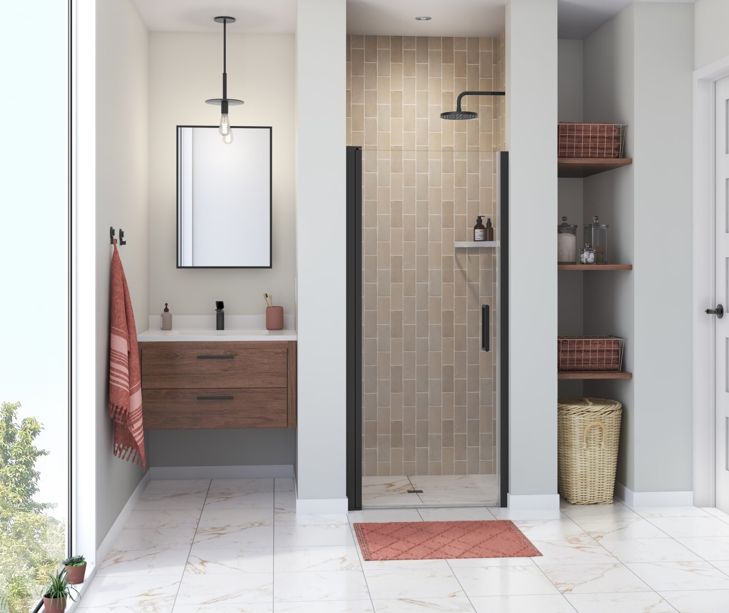 MAAX 138263-900-340-100 Manhattan Matte Black 29-in to 31-in W x 68-in H Frameless Pivot Shower Door 1/4-in Thick Clear Glass
