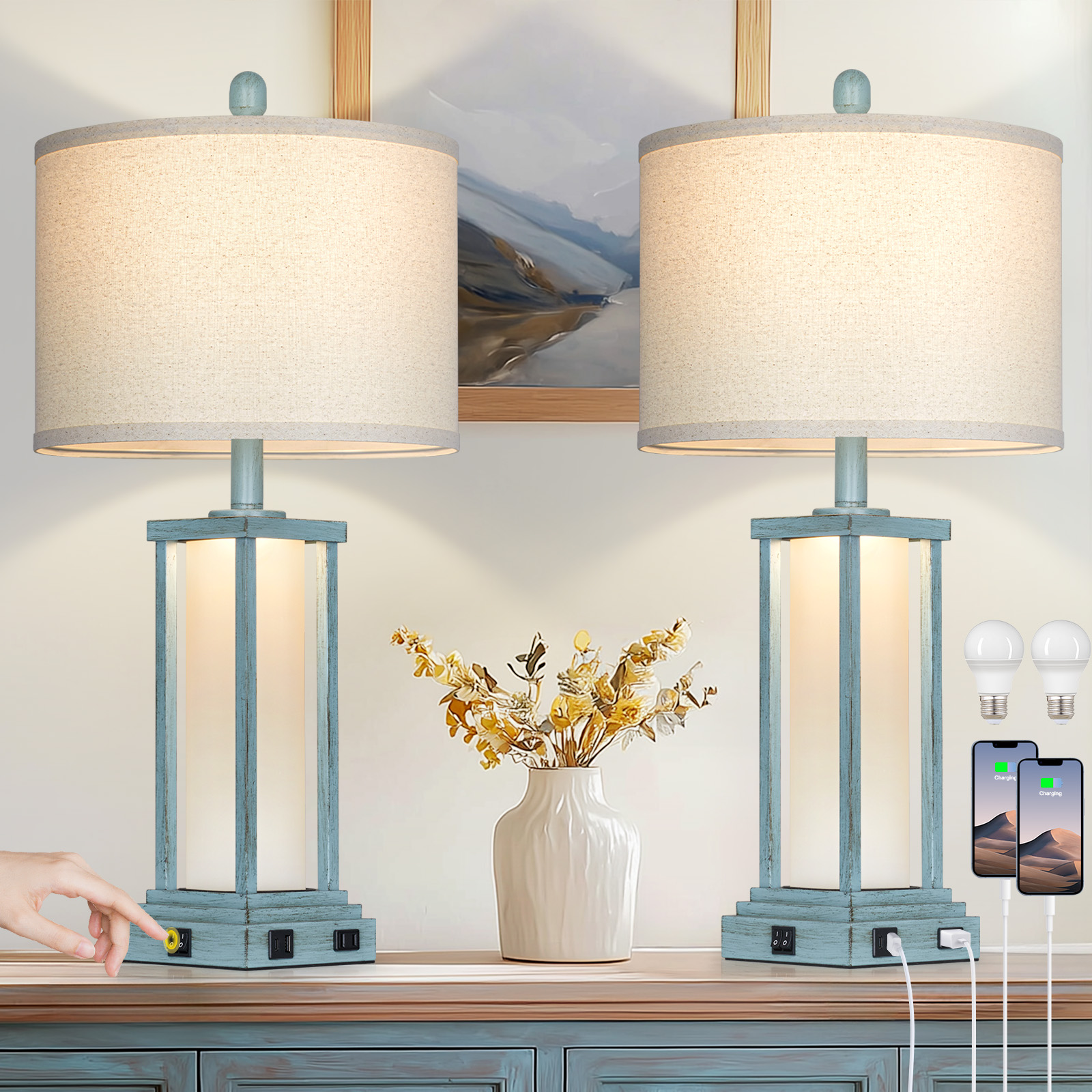 UrFurnishings Farmhouzz 27-in Blue LED On/Off switch Table Lamp with Linen Shade