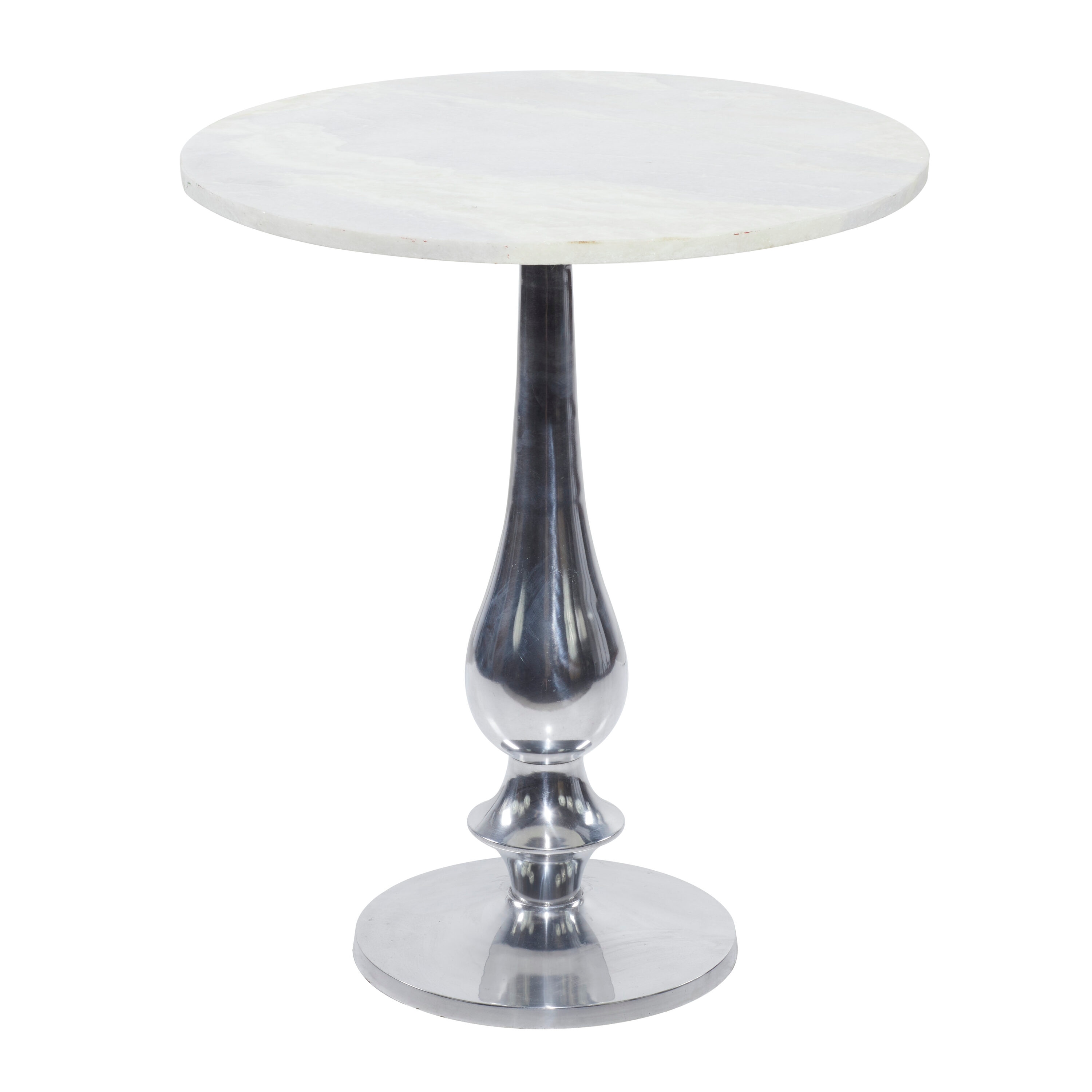 White Marble and Silver Aluminum Round Accent Table