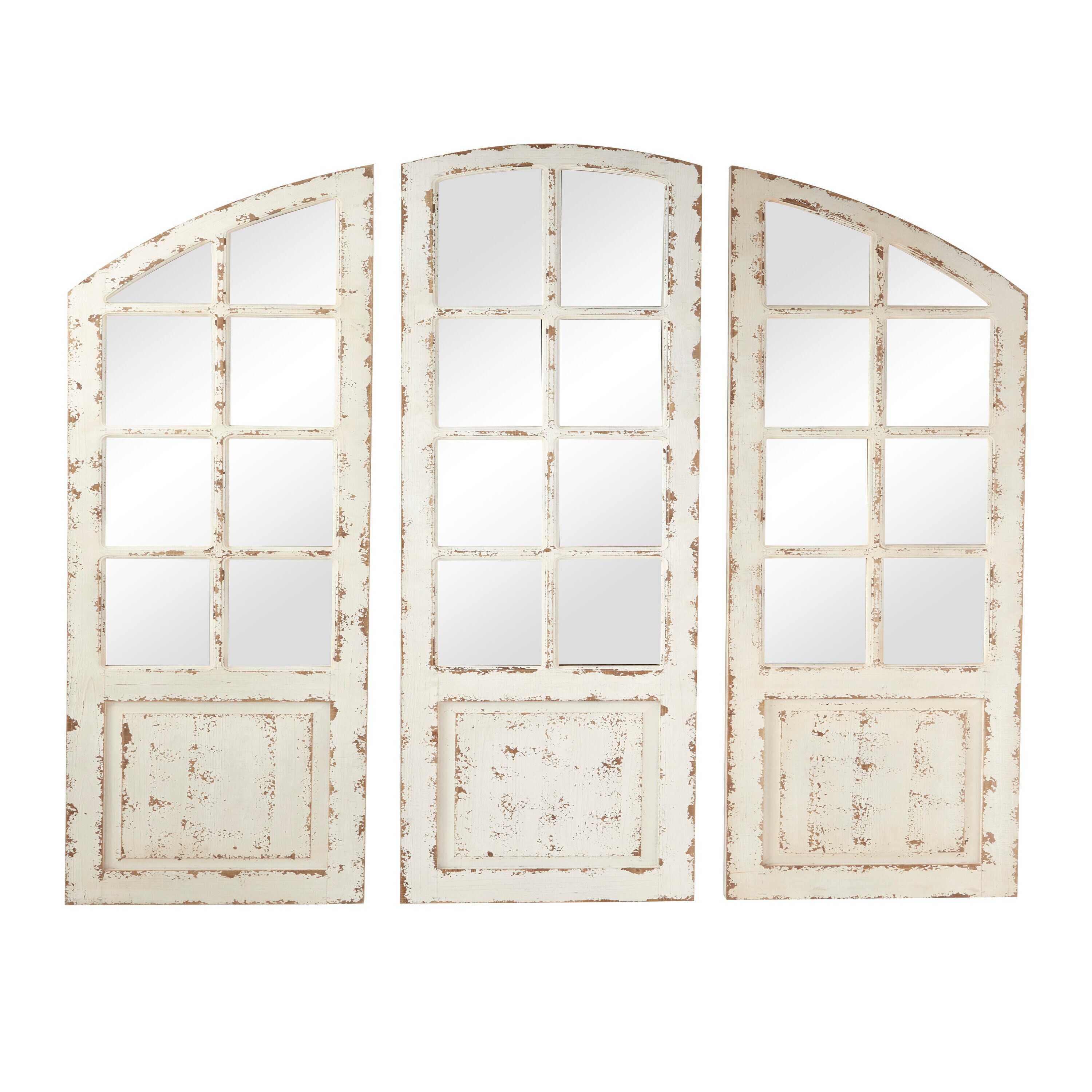 White Distressed Wood Windowpane Arched Decorative Mirror Set