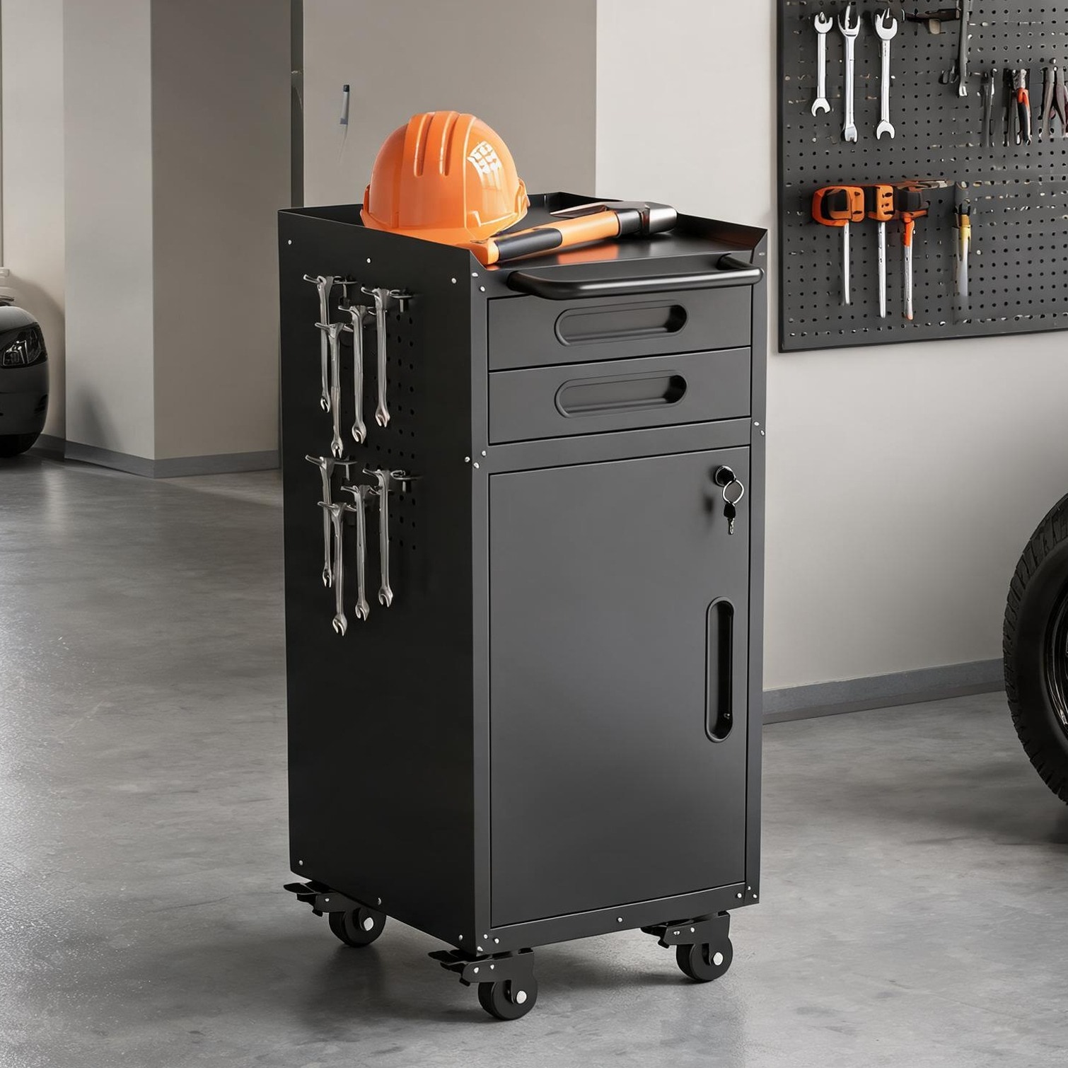 SunJet Slim 34.3 Rolling Tool Cabinet with Lockable Storage and Two Drawers Black-Toned Cold-Rolled Steel