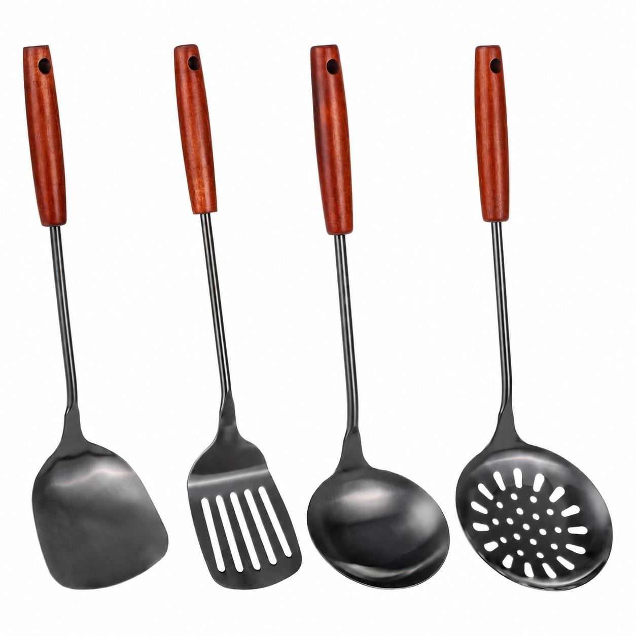 AOIZGMY  17 inch Stainless Steel Wok Spatula Ladle Skimmer Spoon Slotted Turner Kitchen Utensils Set 4 pcs Ergonomic Wood Handle Cooking Tools