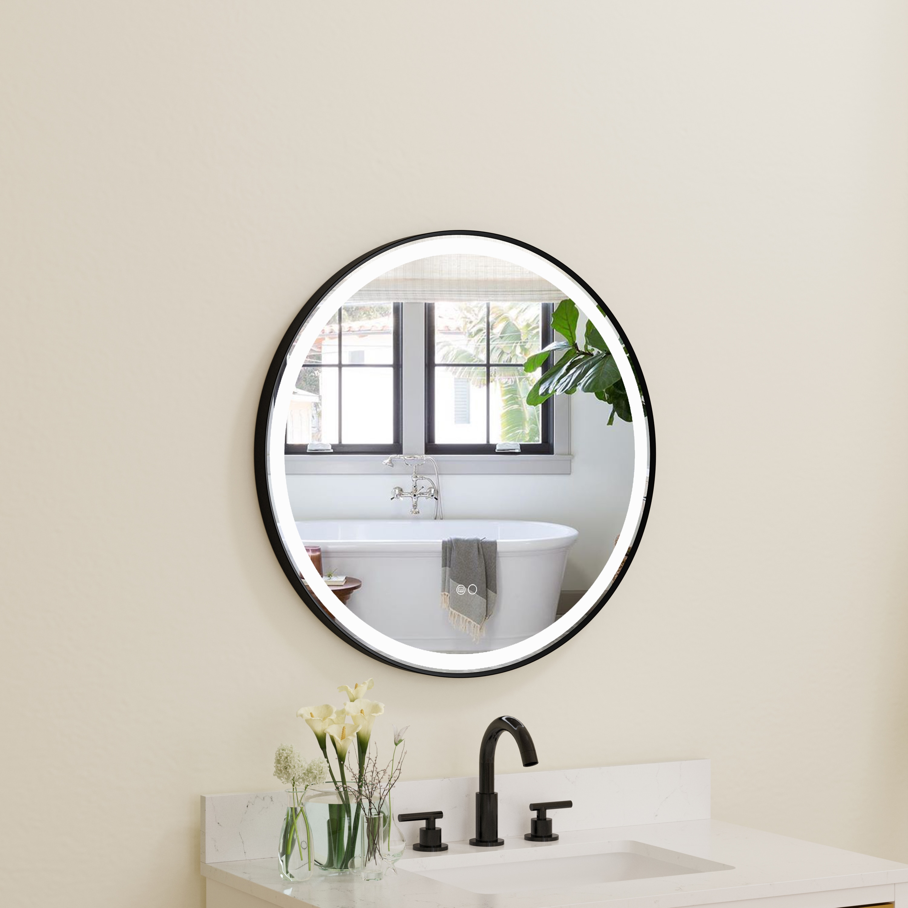 CALVON RC9-2828MB Bathroom mirror 28-in x 28-in Framed Round Dimmable LED Lighted Fog Free Bathroom Vanity Mirror ( Black )