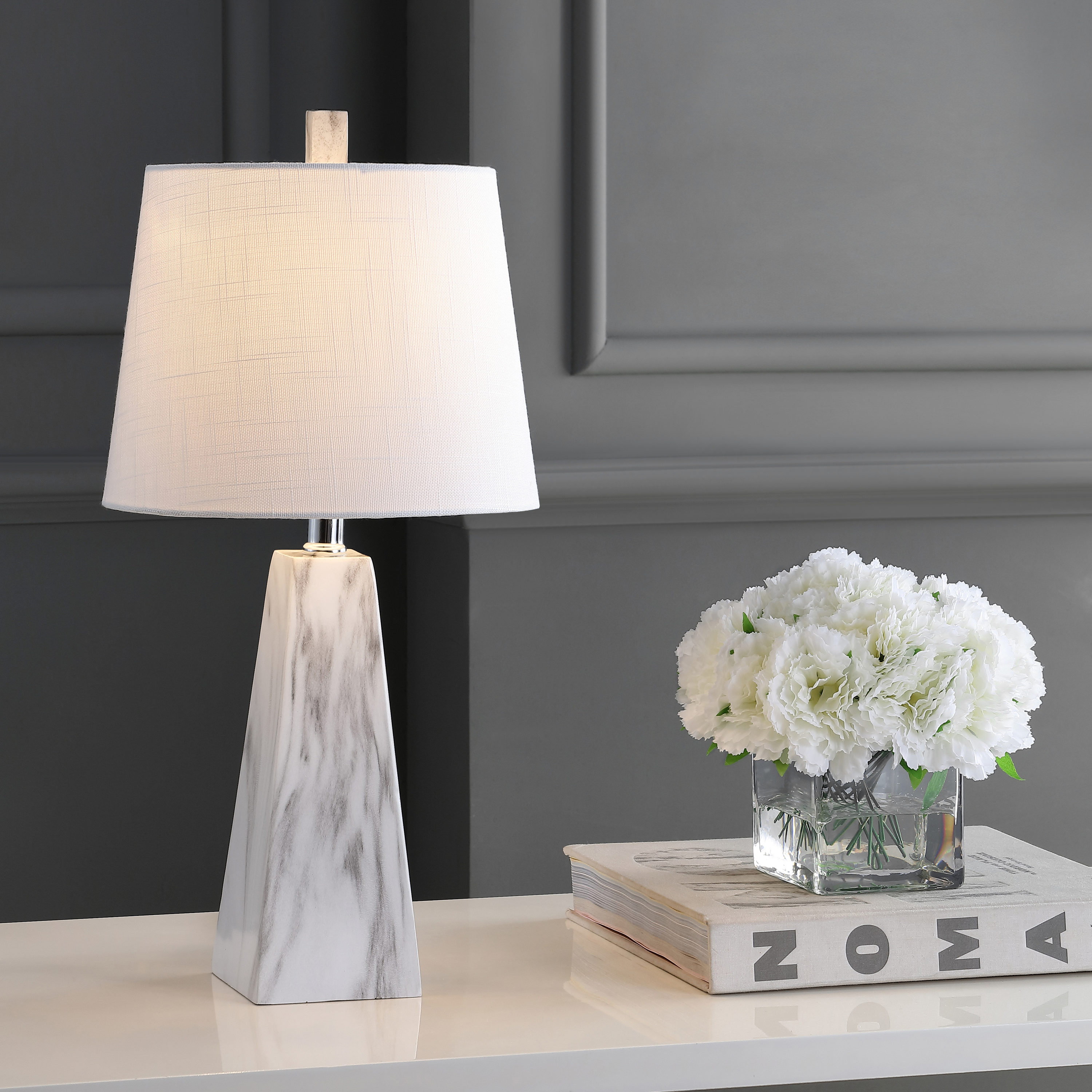 JONATHAN  Y JYL1037A Owen Resin Contemporary 20.5-in White Marble Finish LED Incandescent Rotary socket Table Lamp with Cotton Shade