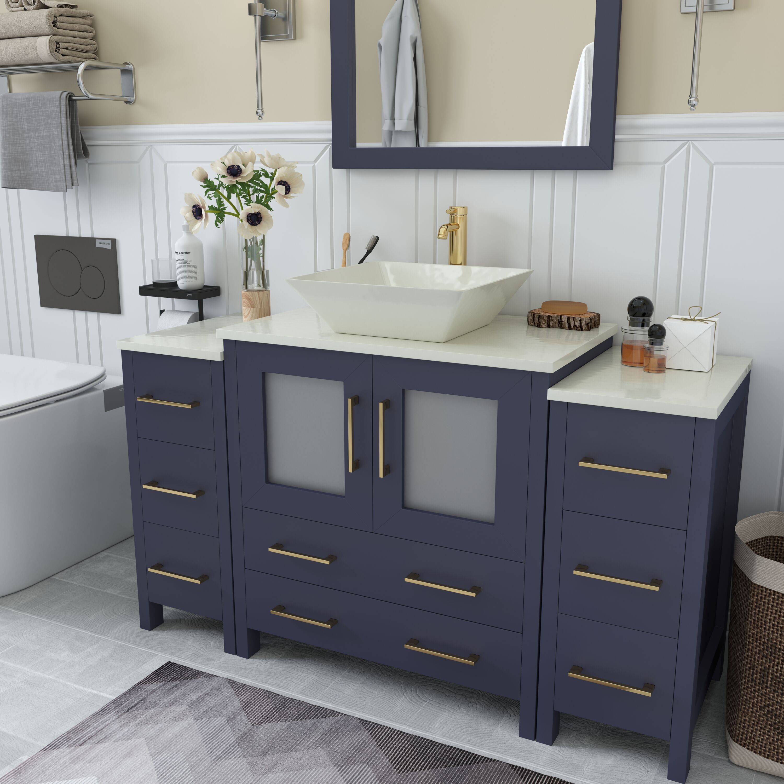 Blue 54" Single Sink Bathroom Vanity Set with Engineered Marble Top and Mirror
