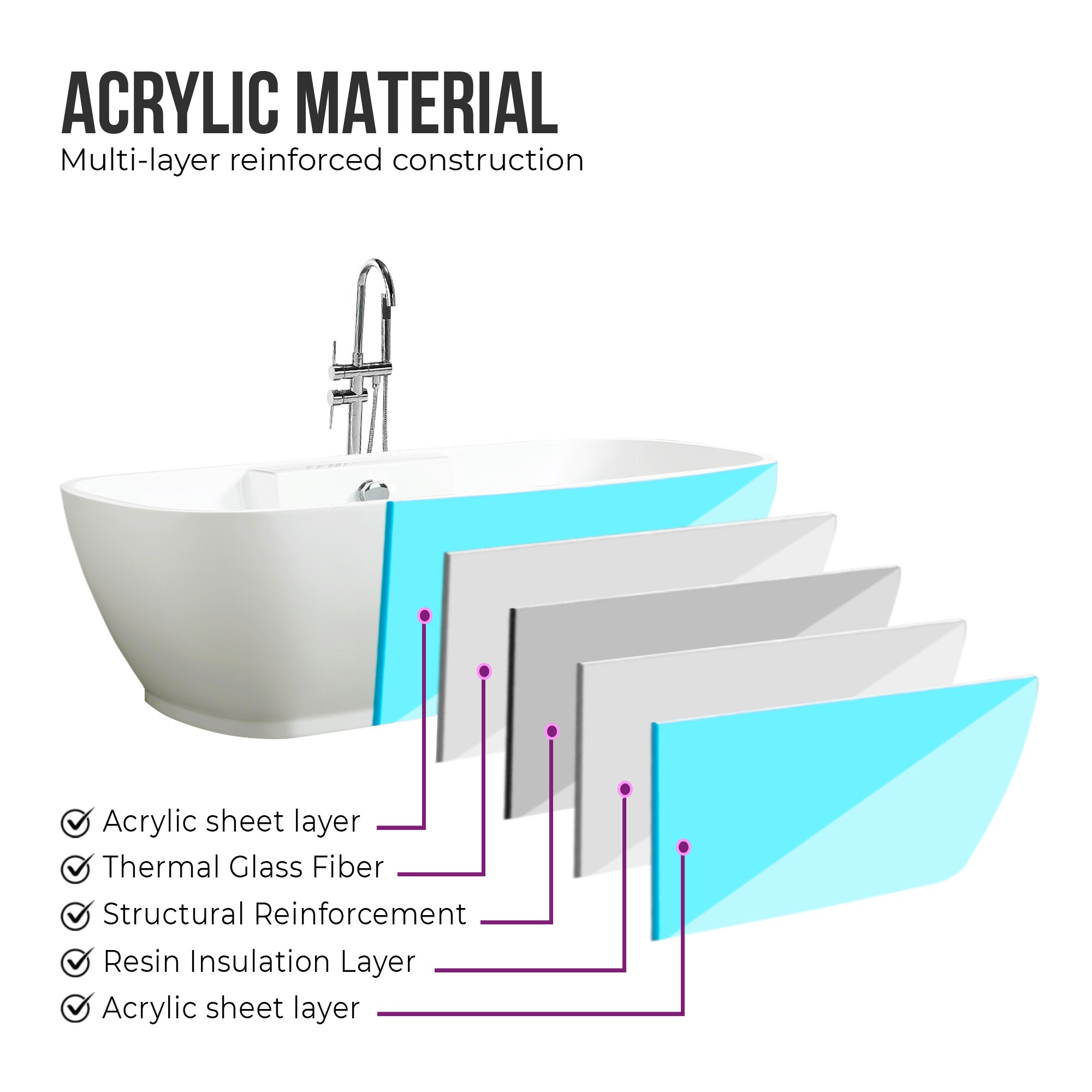 67-Inch White Acrylic Freestanding Soaking Bathtub with Chrome Overflow