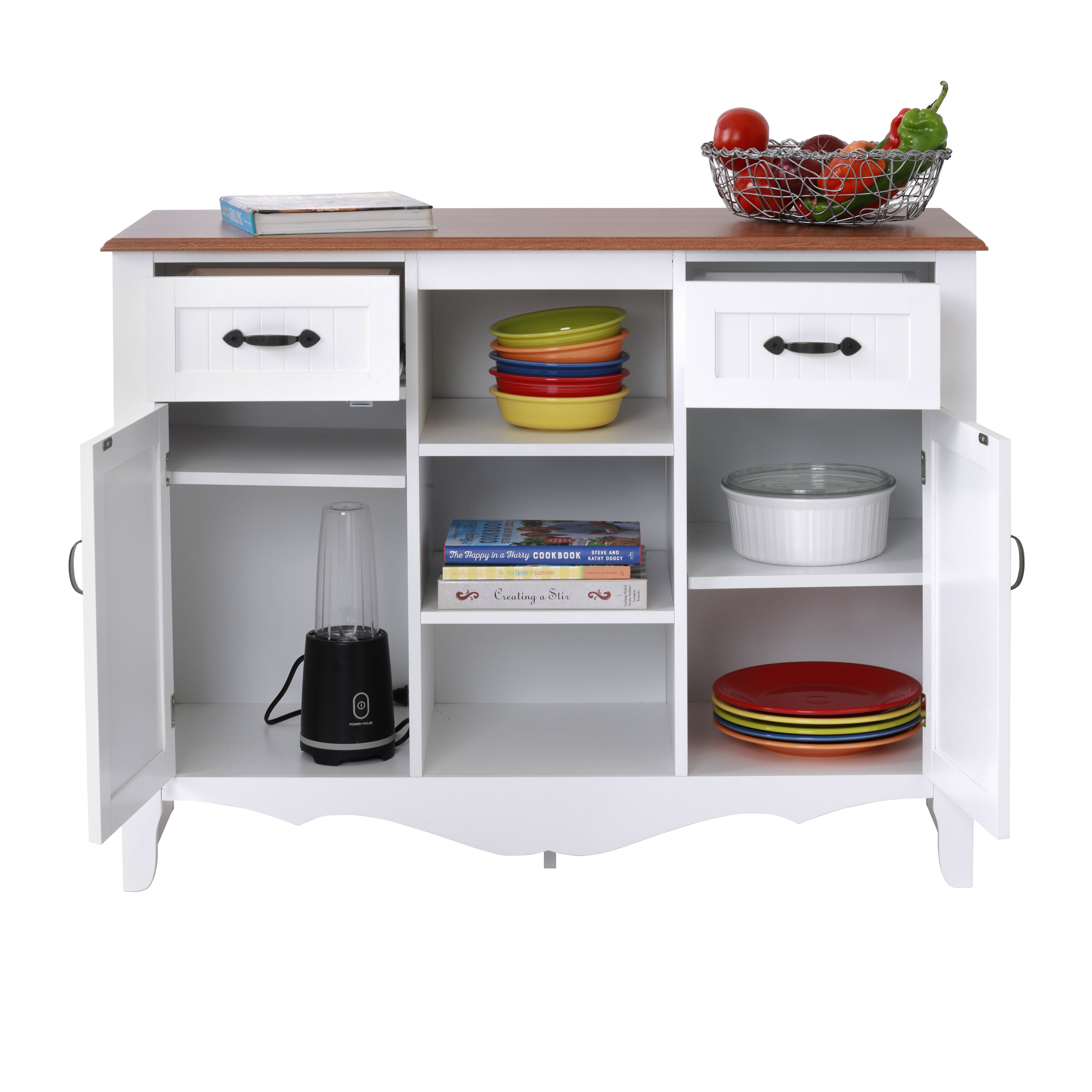 White and Pine Countryside Buffet with Drawers and Doors