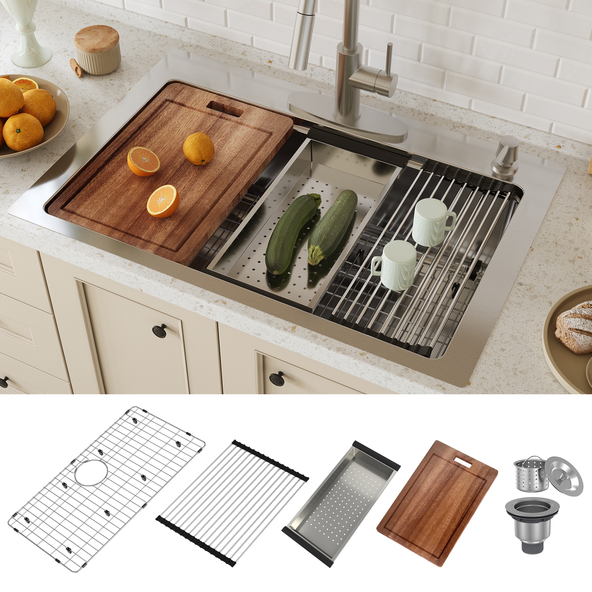 CASAINC KCSC0002-T3322S Drop-in 33-in x 22-in Stainless steel Single bowl 18 -Gauge Workstation Kitchen Sink with Drainboard