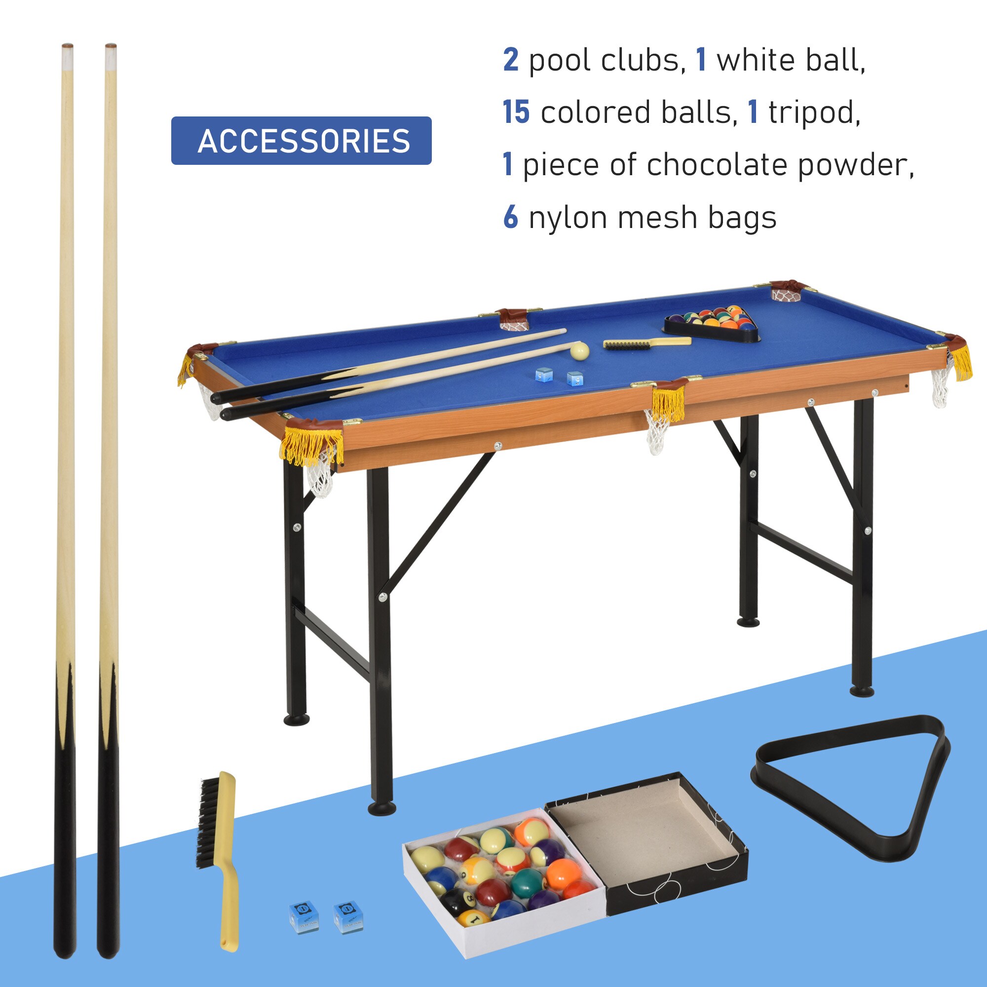 Soozier Mini Pool Table Set with Accessories, 55-inch, Slate Bed, Blue  Felt, Steel Frame, Drop Pockets, Indoor Use, Assembly Required