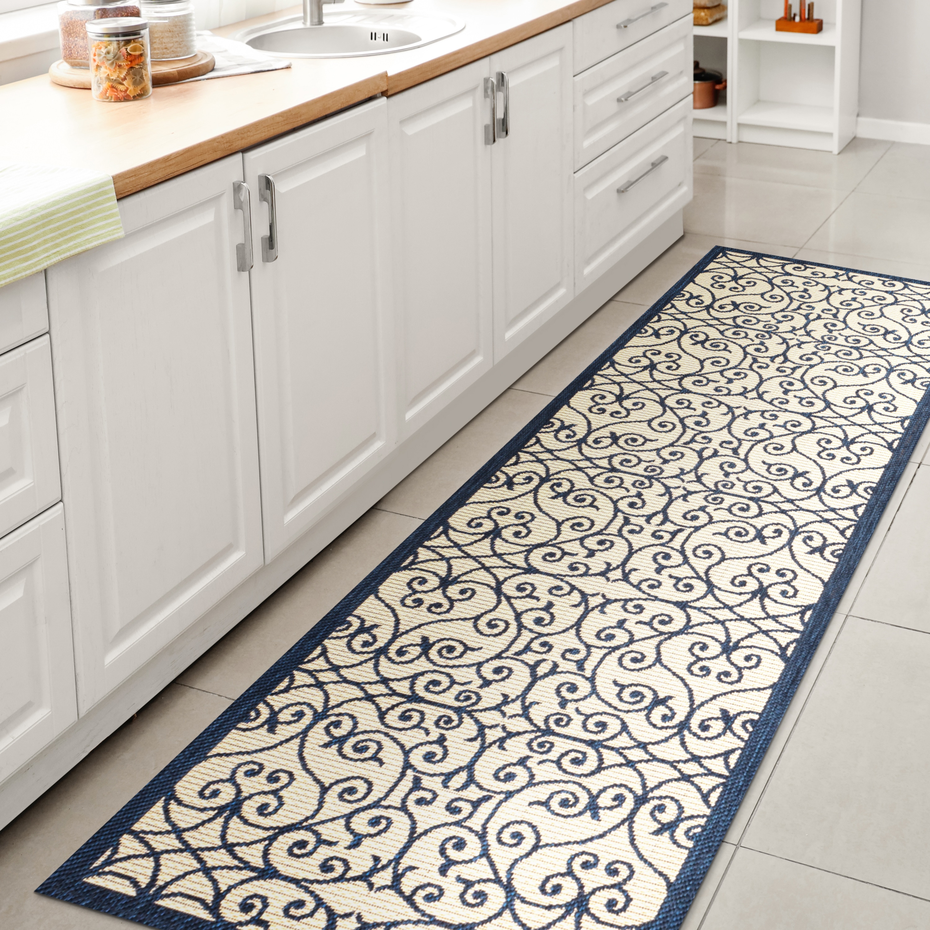 JONATHAN  Y SMB107G-210 Santa Monica Madrid Filigree Textured Weave 2 x 10 (ft) Loomed Polypropylene Navy/Beige Rectangular Indoor/Outdoor Border Coastal Runner rug