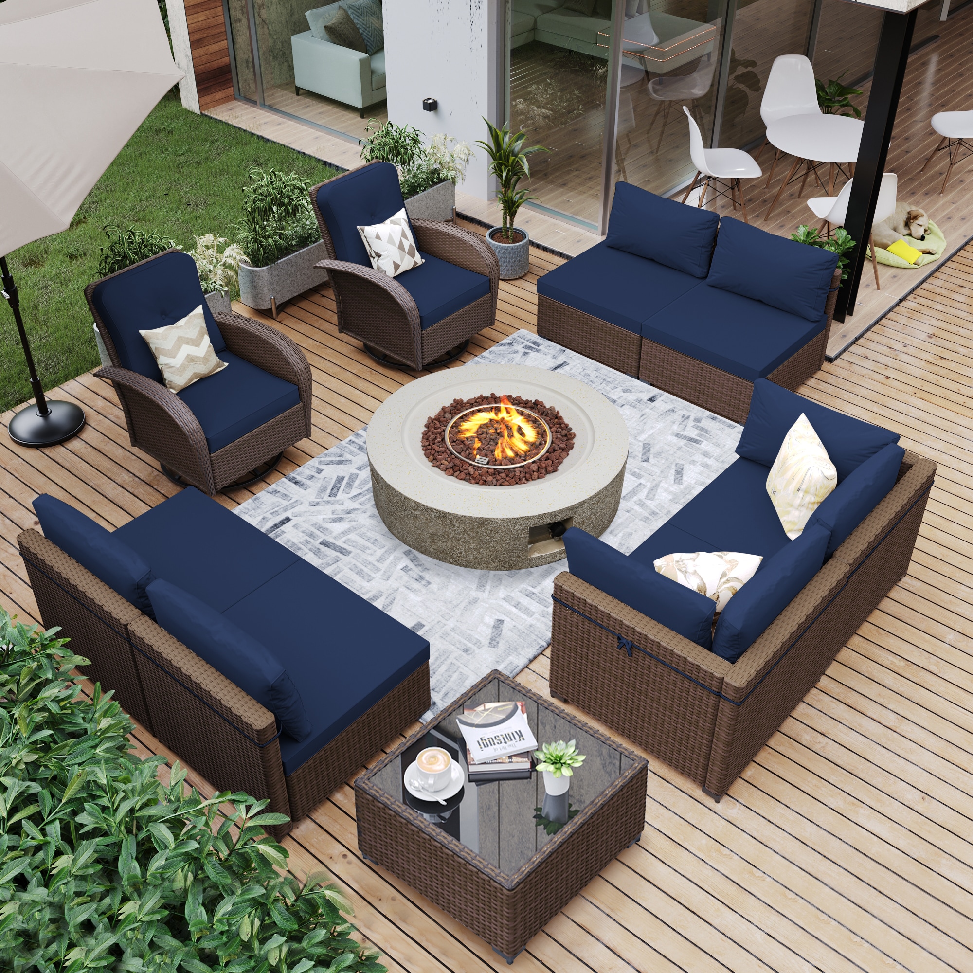 UPHA PL-2CZY11-42QBE-Z2 10-Piece Brown Wicker Conversation Set with 42 in. Beige Gas Propane Concrete Fire Pit Table and Swivel Chairs, Navy Blue Cushions 10 -Piece Wicker 4 Patio Sofa Conversation Set with Navy Cushions