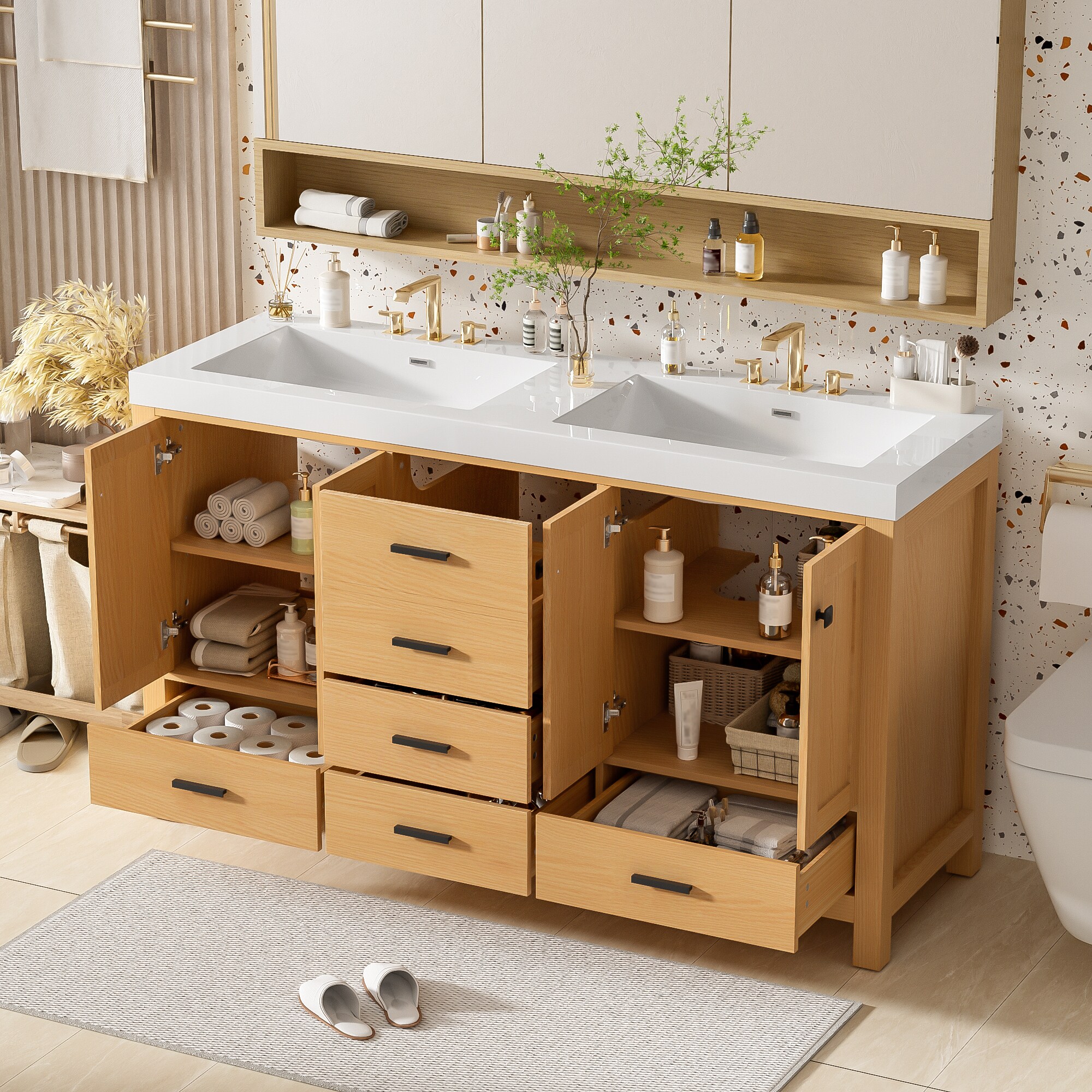 LOVMOR  59.3-in Double Sink Bathroom Vanity White SMC Top 5 Drawers Freestanding Soft Close 4 Doors U Shaped Shelf Natural Wood