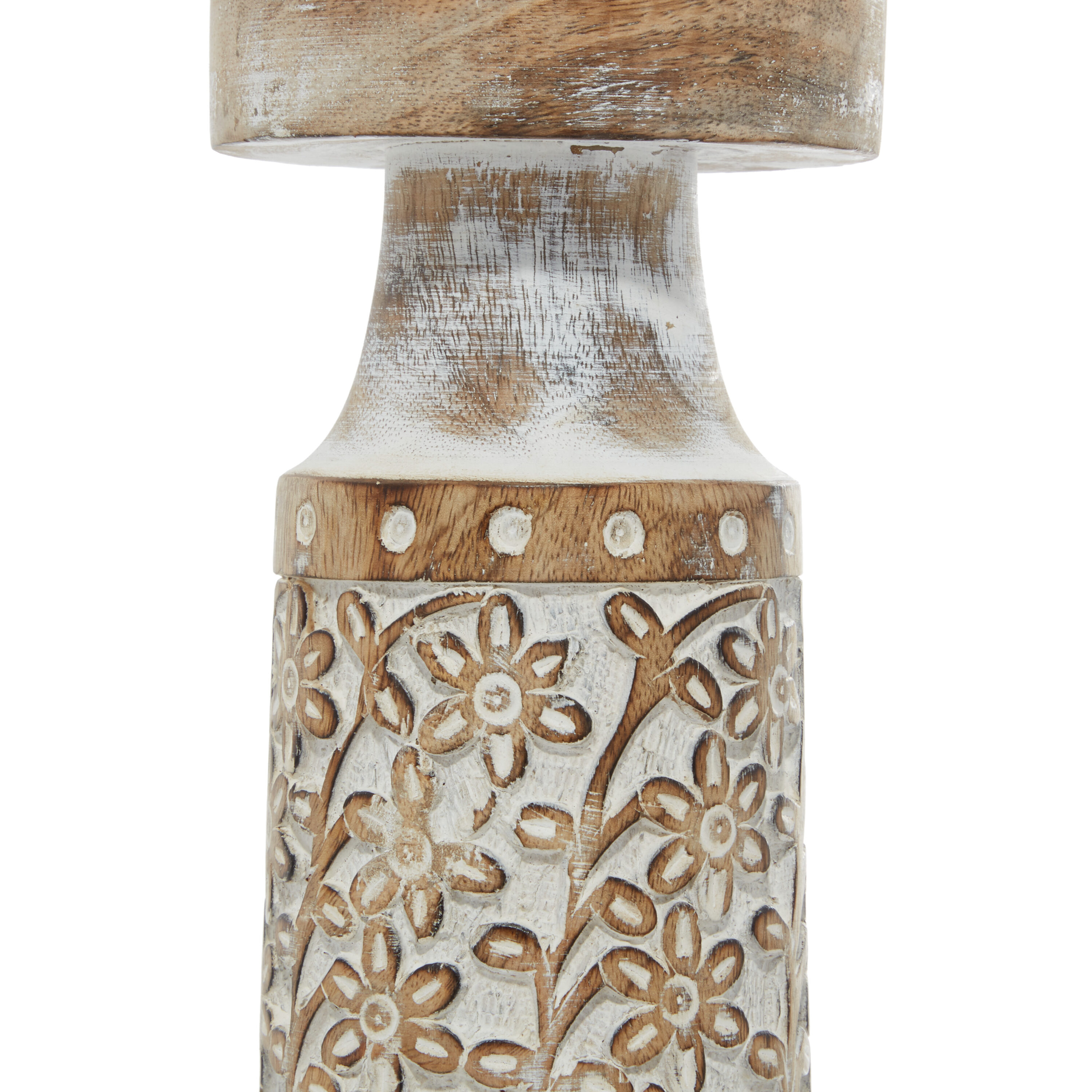 Rustic Elegance Mango Wood Carved Candle Holders, Brown Floral Set of 3