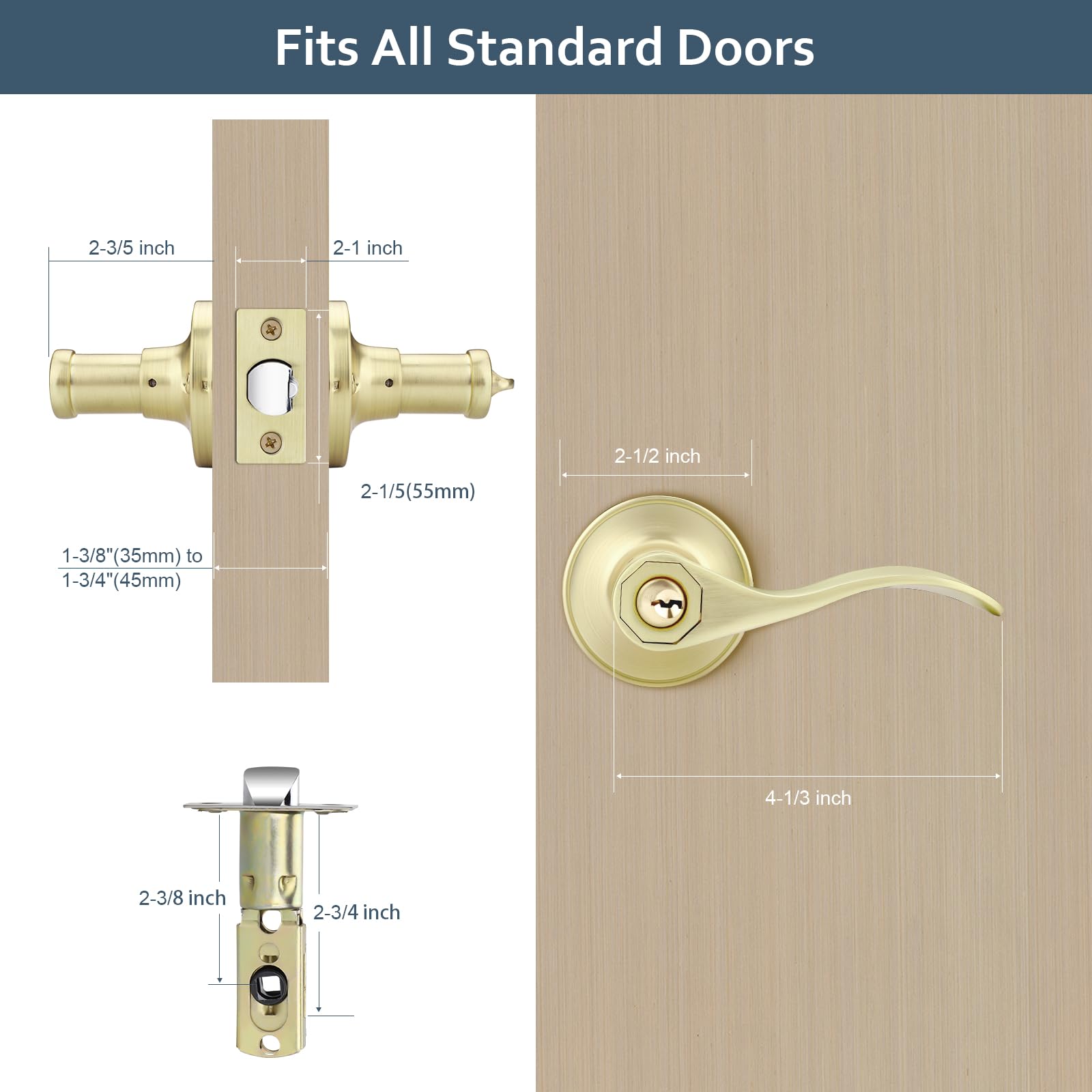 Aoibox 1 Pack Gold Wave Style Interior Door Lever with Key Brass Keyed ...