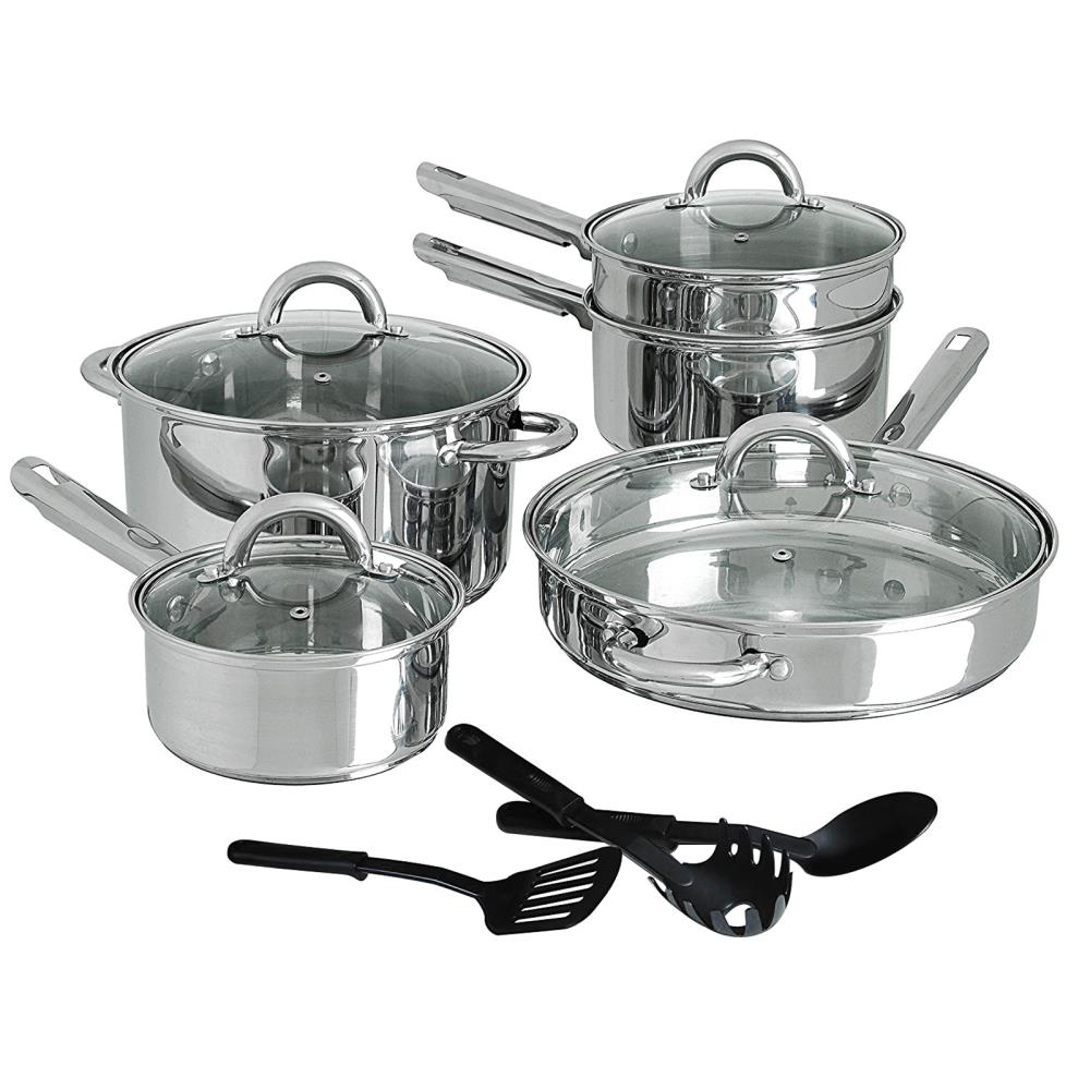 Oster Sangerfield 12-Piece Stainless Steel Aluminum Base Cookware Set, Silver
