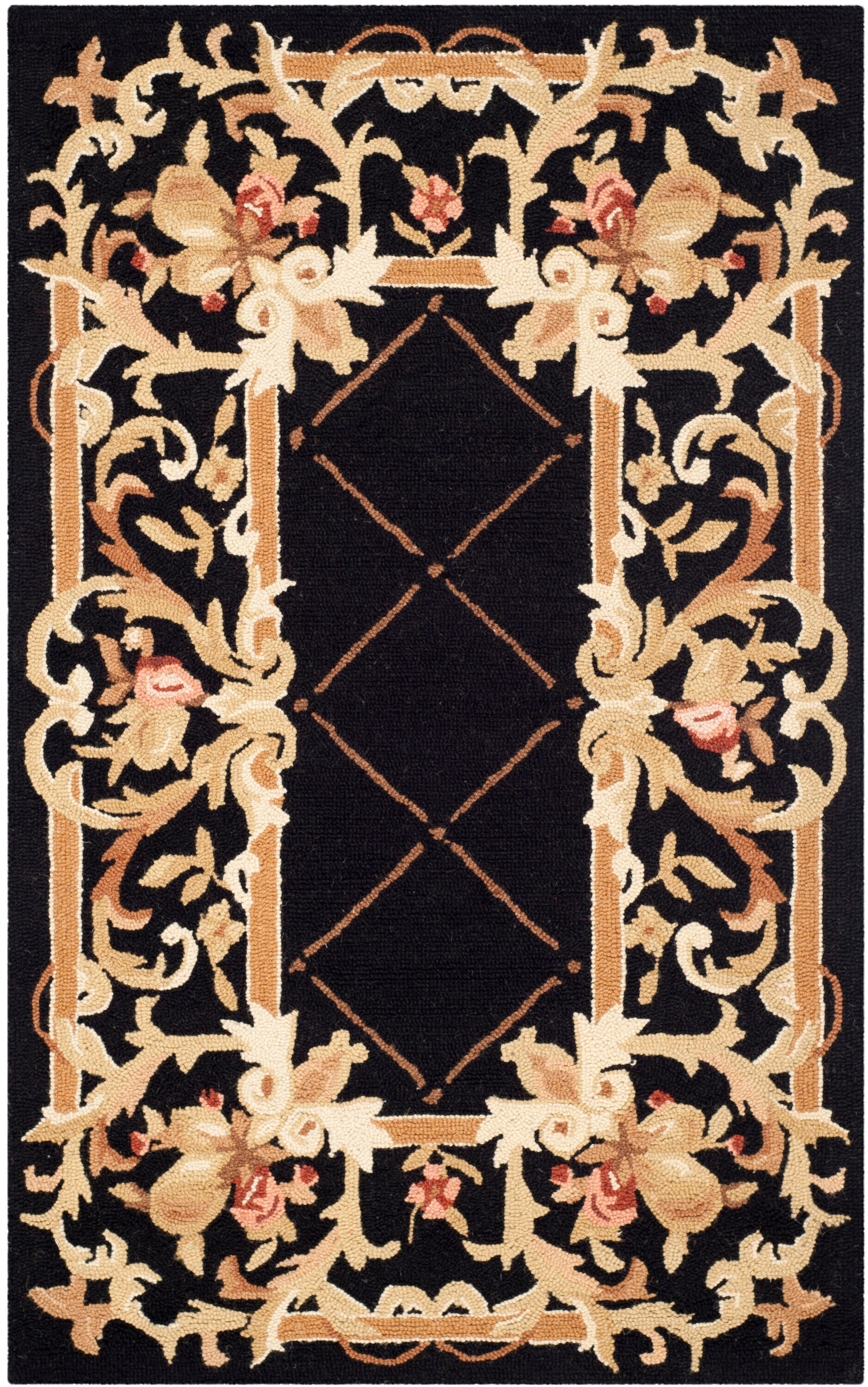 Black Floral Hand-Hooked Wool Runner Rug