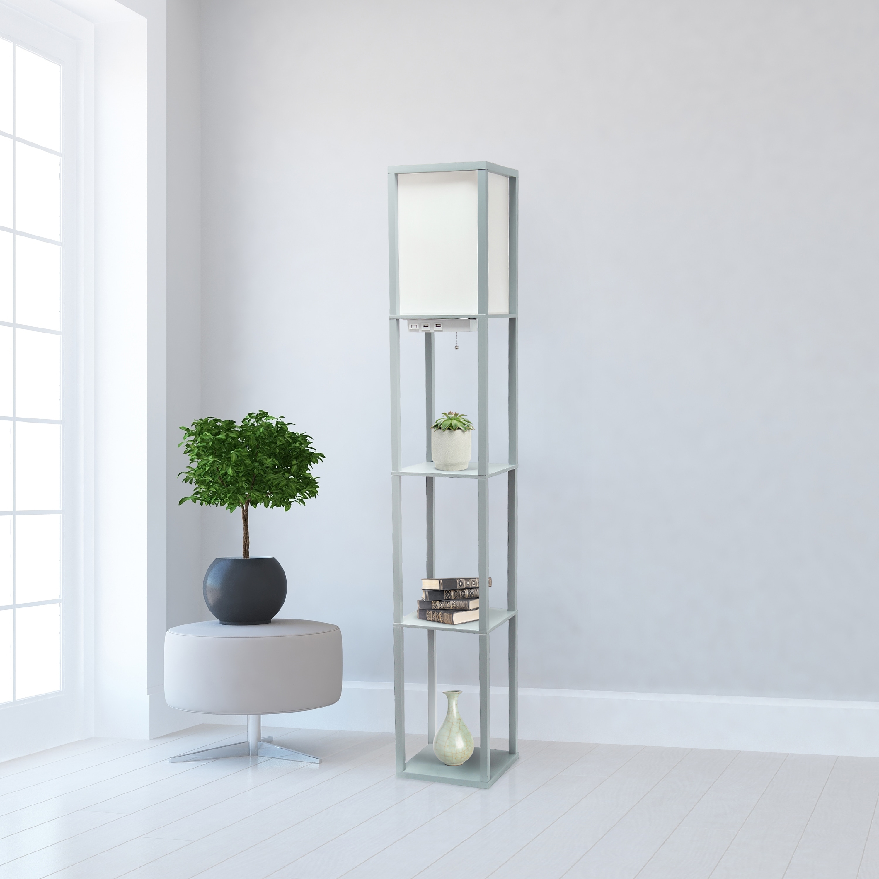 Classix 62.5" Gray Floor Lamp with White Linen Shade and Shelves