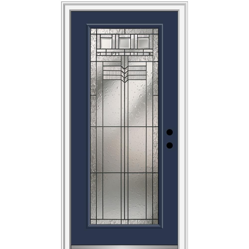 MMI DOOR ZZ3664481L 32-in x 80-in x 6-9/16-in Fiberglass Full lite Left-hand inswing Naval Painted Prehung Front Door with Brickmould Insulating core