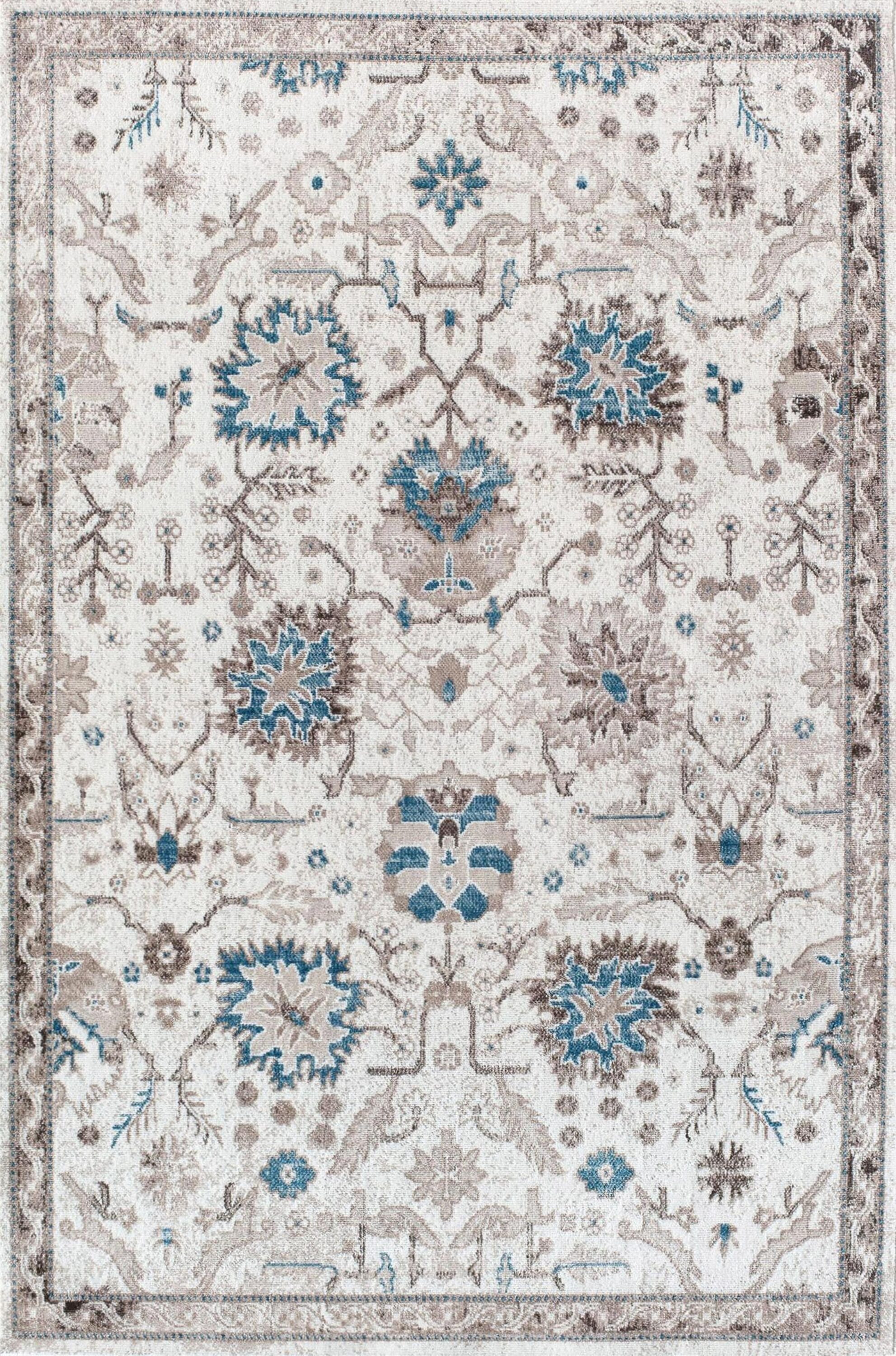 Honeysuckle Cream and Blue Synthetic Rectangular Area Rug