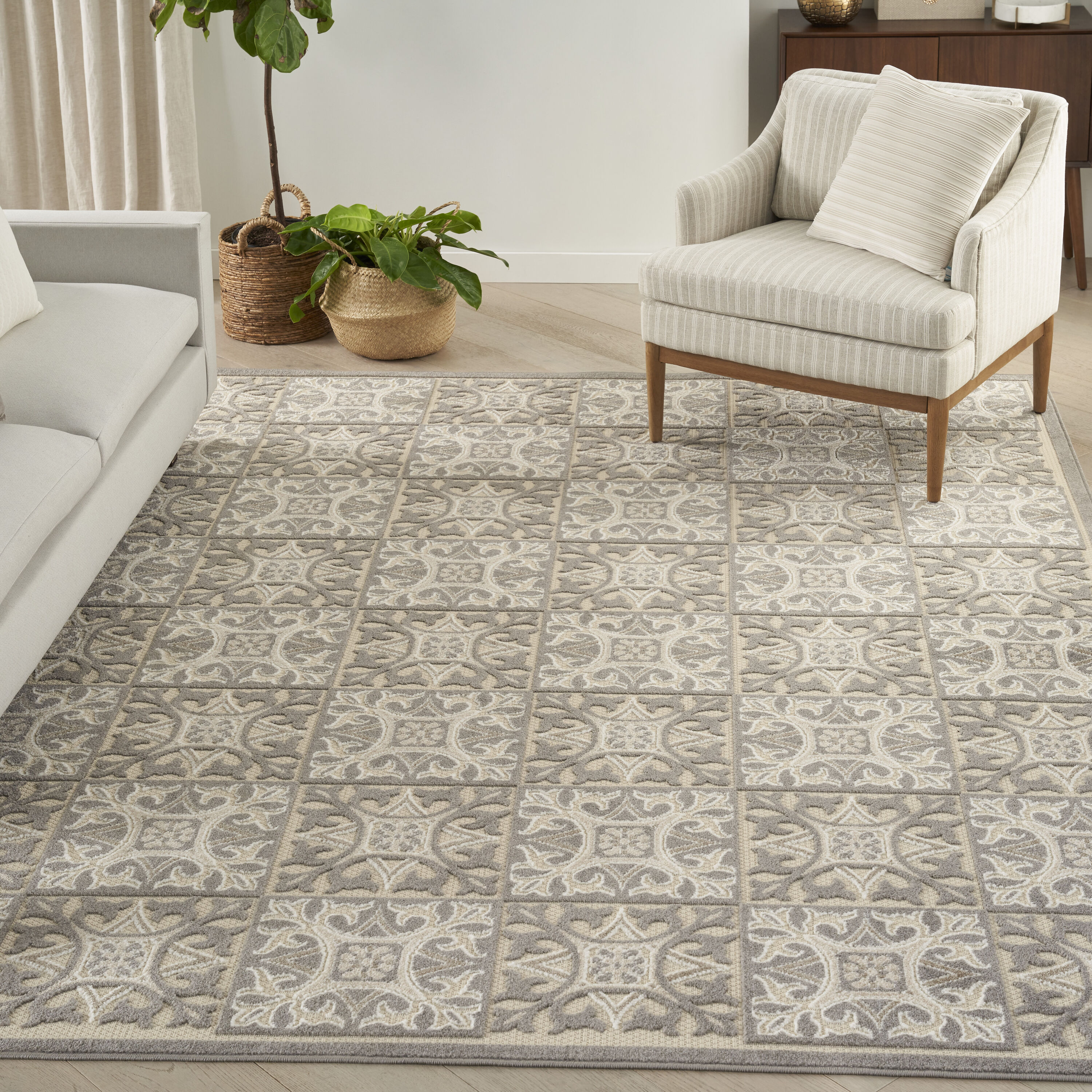 Nourison 099446173898 Aloha 7 x 10 (ft) Loomed Polypropylene Ivory Grey Rectangular Indoor/Outdoor Geometric Tropical Area rug
