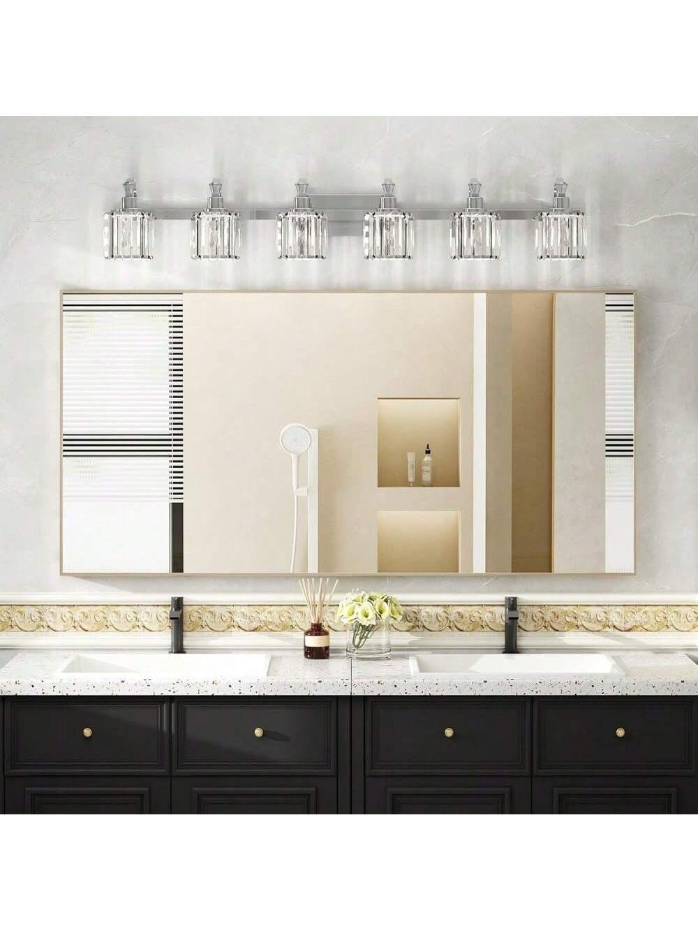 Qeetex PHO-10XERPBY-HF3 6 lamp Mirror Chrome Crystal Bathroom Lamps with Square Lampshade. Crystal Vanity Bathroom Lamps. Mirror Lights for Bathroom. Bedroom. Living Room