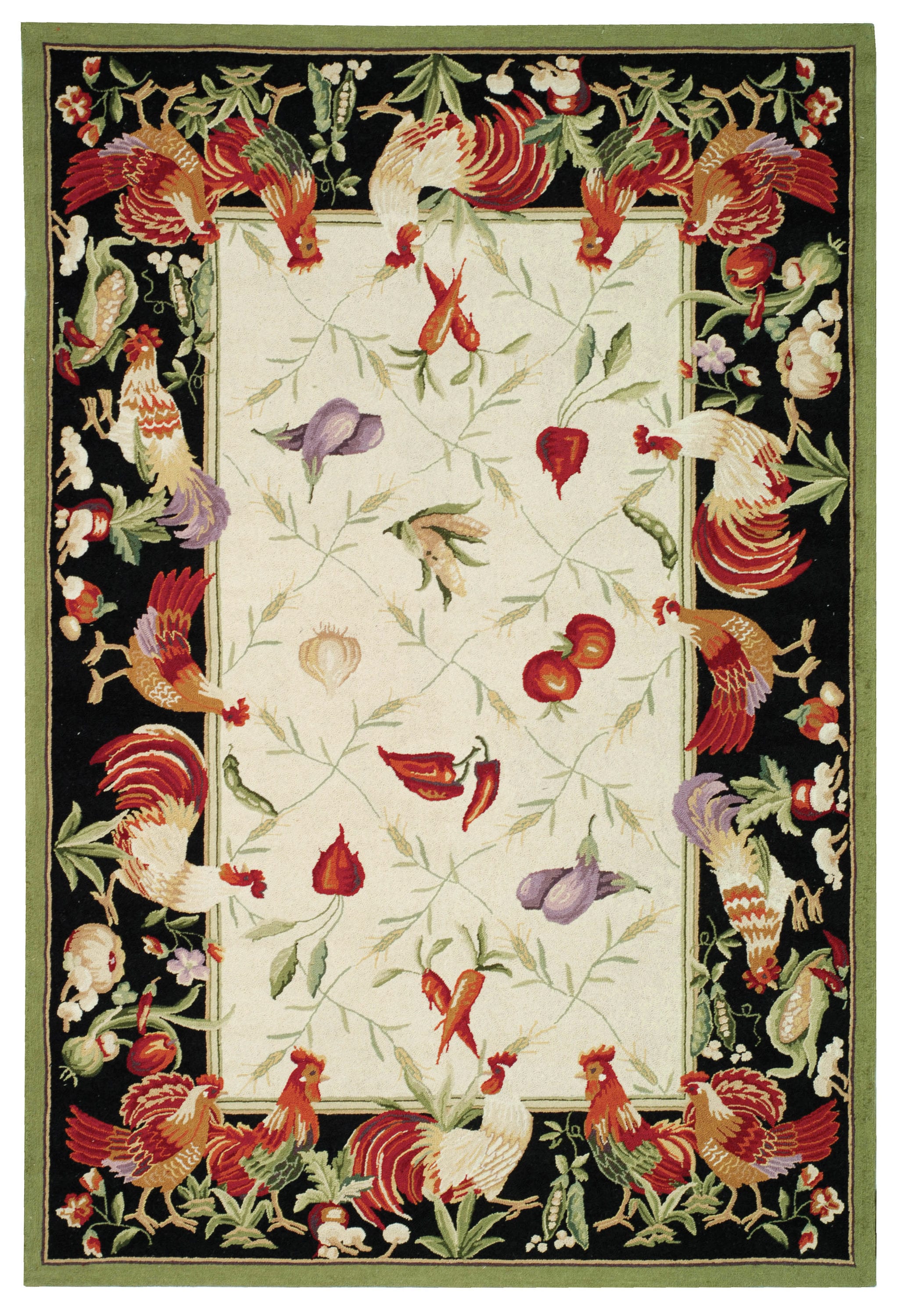 Ivory & Black Floral Hand-Knotted Wool Area Rug 6' x 9'