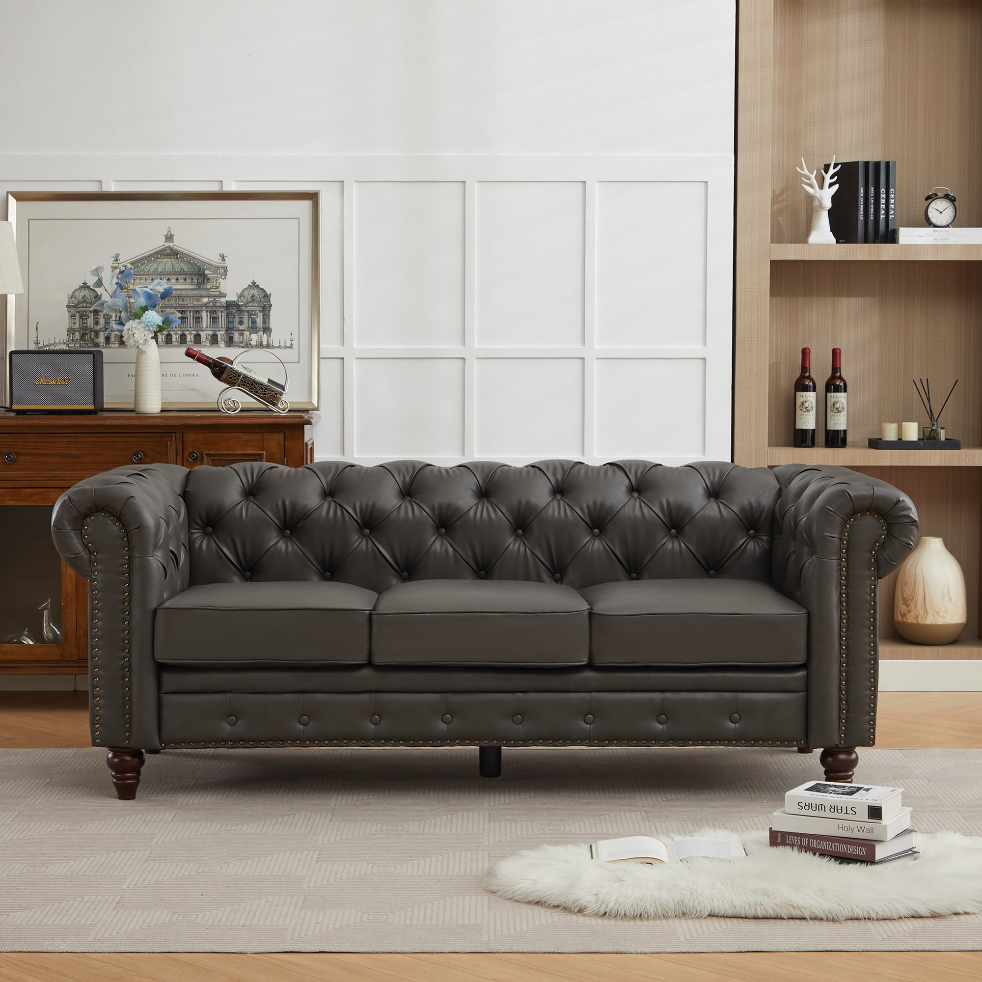 VOUA SAF-RMLC-BE 84.25-in Modern Gray Faux leather Sofa