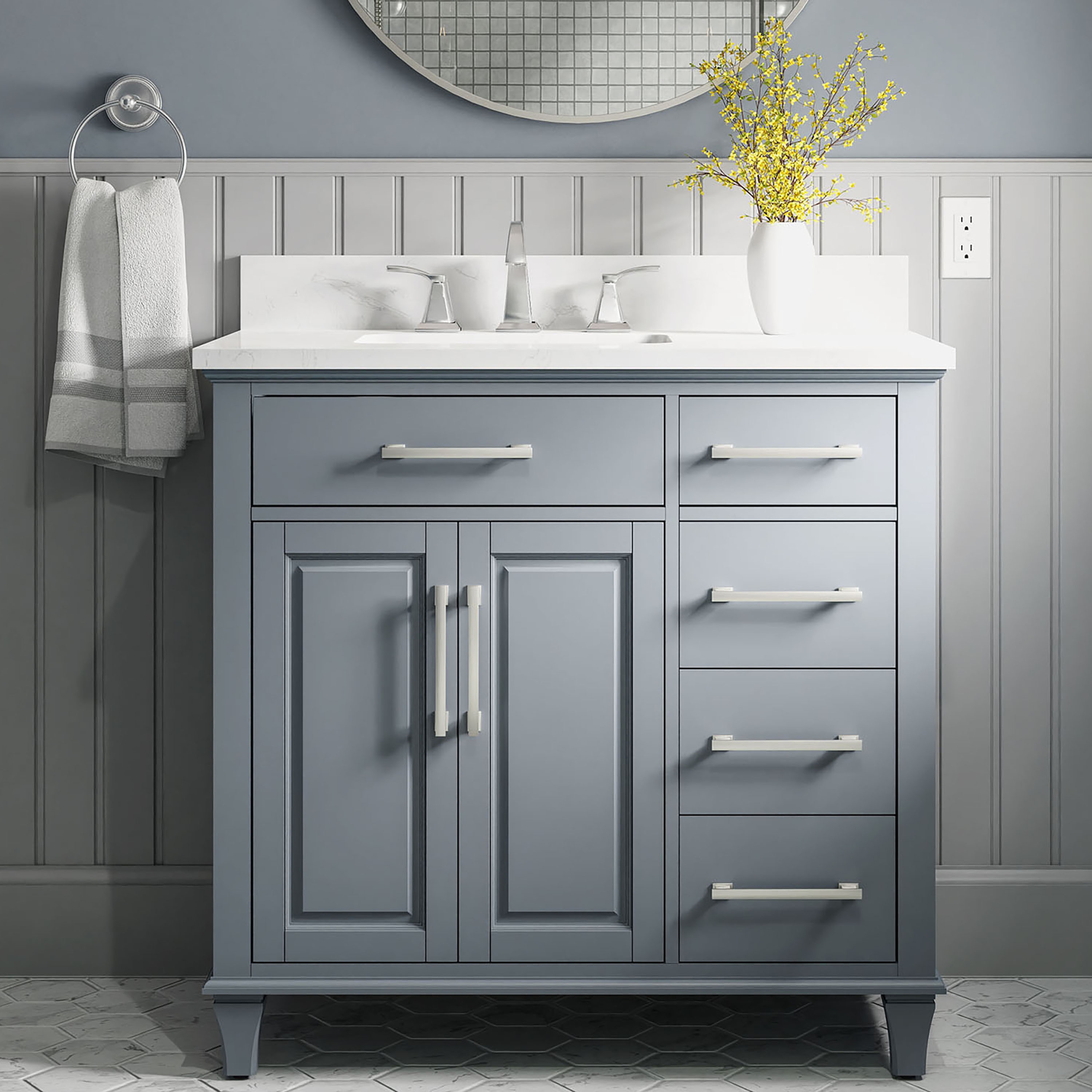 allen + roth Brookview 36-in Slate Blue Undermount Single Sink Bathroom  Vanity with Carrara Engineered Marble Top at