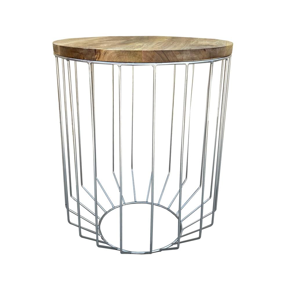 Benzara I305-HGM023 20-in W x 24.5-in H Light Brown and Chrome Wood Round Industrial End Table Fully Assembled