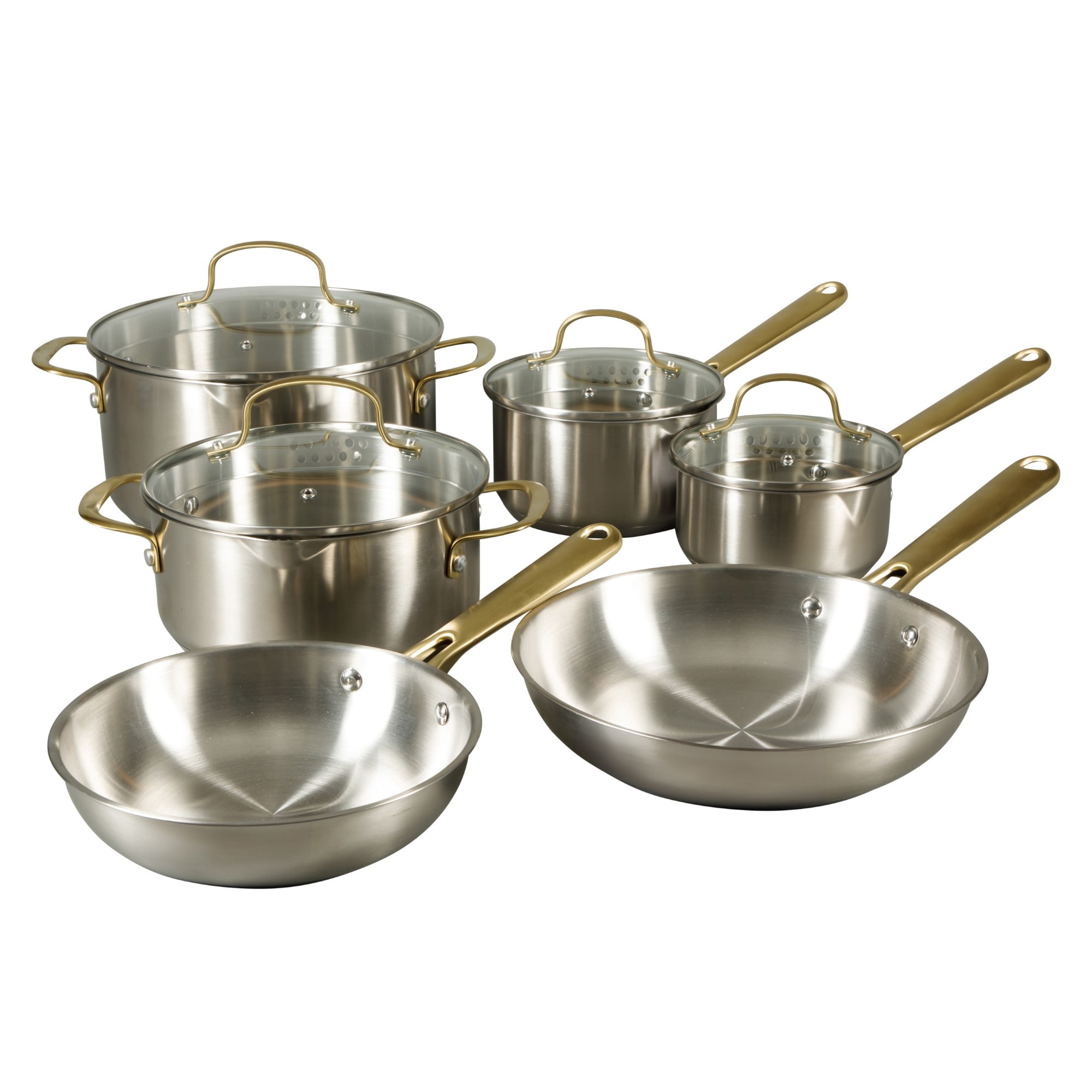Oster  Platinum Sunstreak Pots and Pans Set 10 Piece Stainless Steel Cookware Set with Glass Strainer Lids and Gold Handles Induction Cookware Set