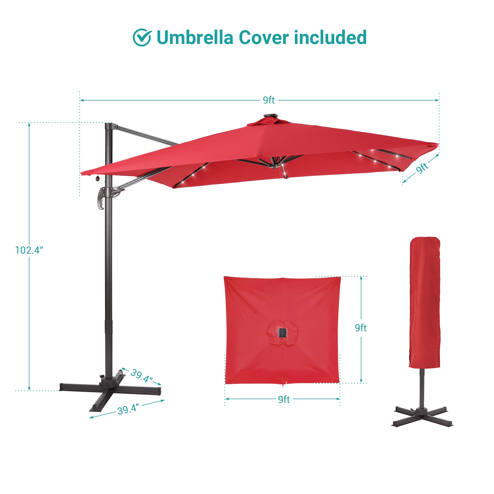 ACEGOSES LW-99RD-LED 9-ft Aluminum Red No-tilt Cantilever Patio Umbrella with Lights