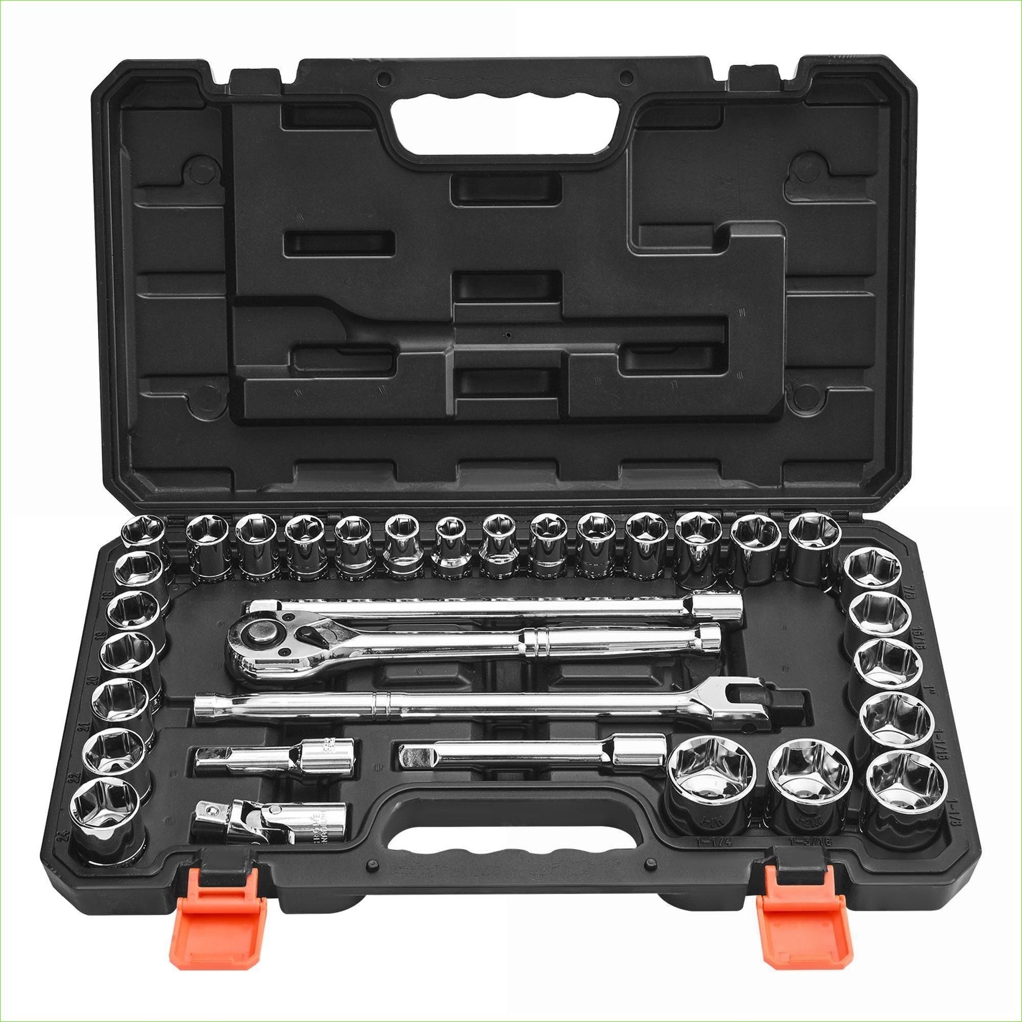 Watnature 33-Piece 1or2 Inch Drive Socket Ratchet Set SAE and Metric CR-V Steel Mechanic Tool Kit with E timestension Bar Matte Black Storage Case for Automotive Repair #VKVJQGVGMG4R