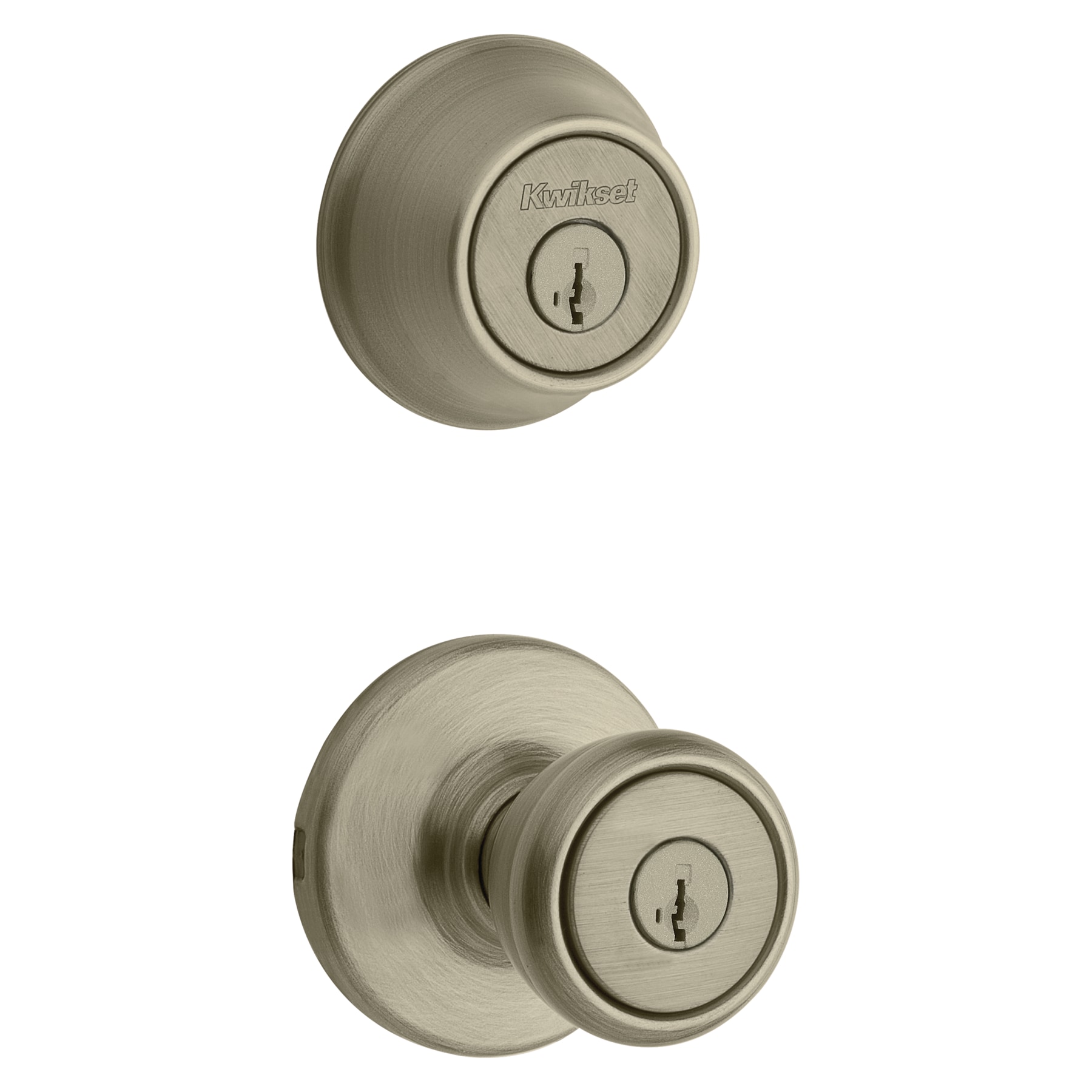Kwikset Security Tylo Antique Brass Smartkey Exterior Single-cylinder  deadbolt Keyed Entry Door Knob Combo Pack with Antimicrobial Technology in  the Door Knobs department at