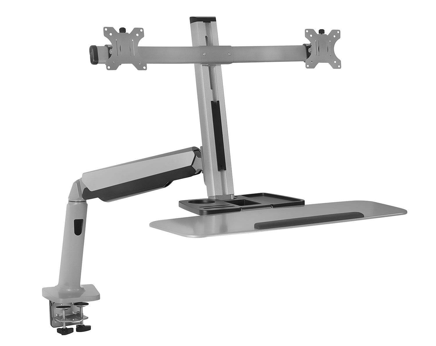 Adjustable Silver Standing Desk Converter with Dual Monitor Mount