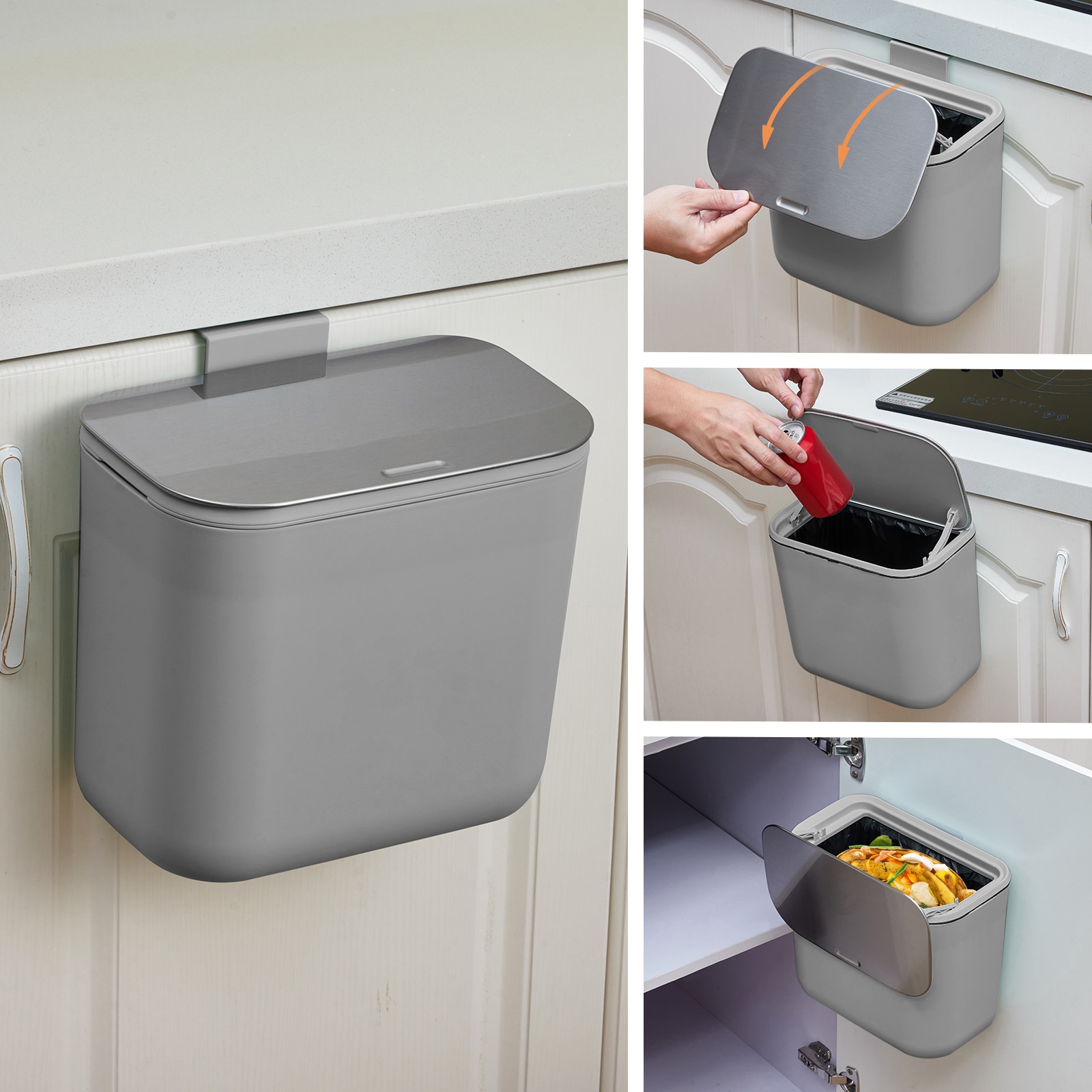 Garvee 1.8 Gallon Hanging Trash Can with Stainless Steel Lid Under Sink Compost Bin for Kitchen Cabinet Door Mounted