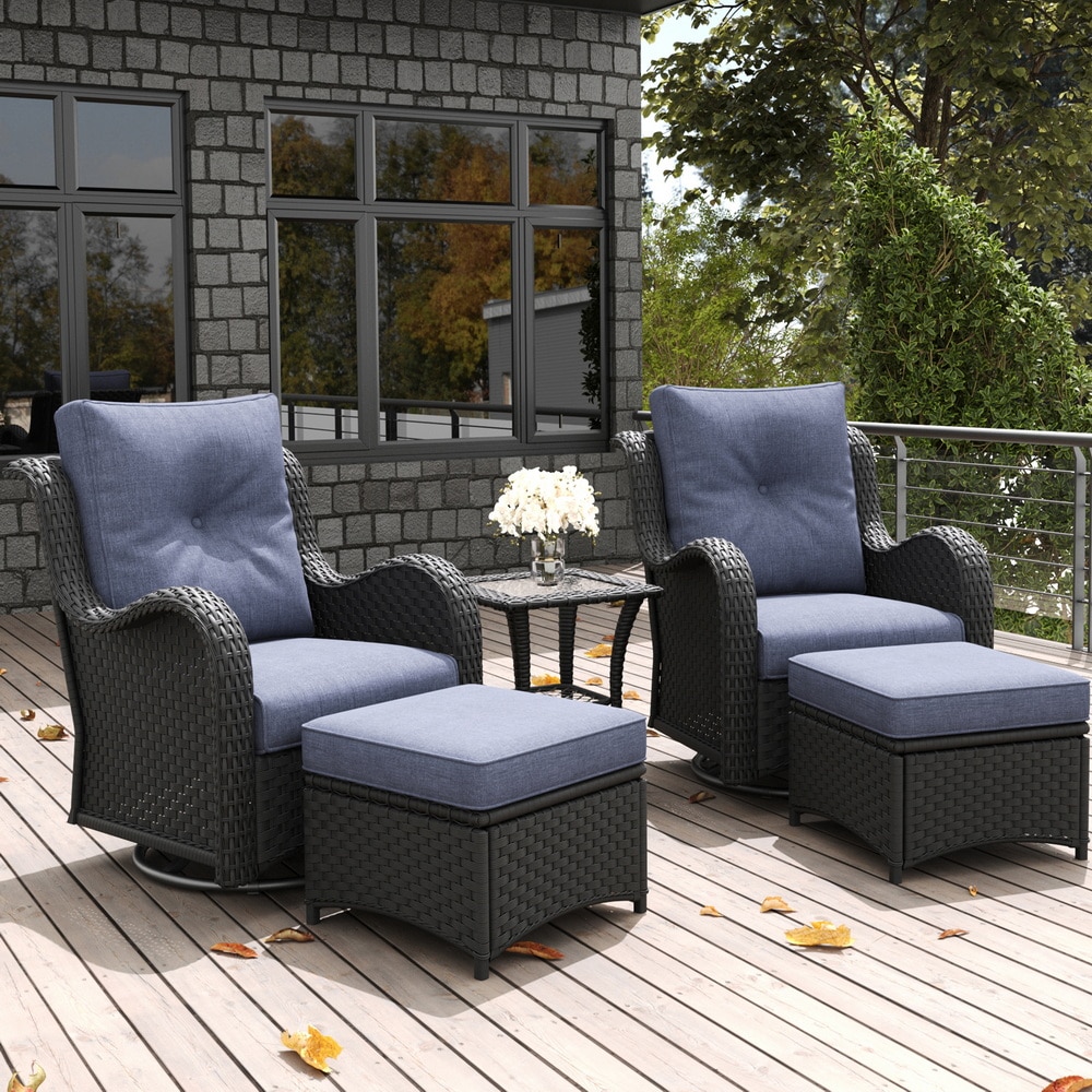 LayinSun BYT6003-HENAVY-5P 5 -Piece Outdoor Rattan Patio Conversation Set with Navy Cushions