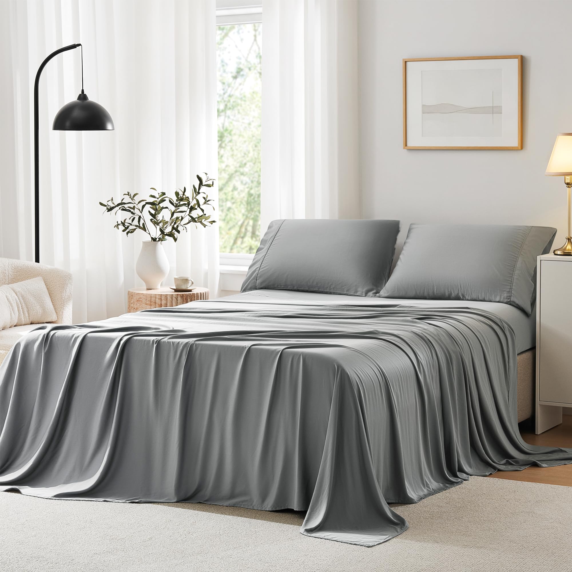 Yichuhaoxi  Cooling Sheets Split King Size Grey Viscose from Bamboo Super Soft Breathable Hotel Sheet Set for Adjustable Bed 5 Piece Deep Pocket