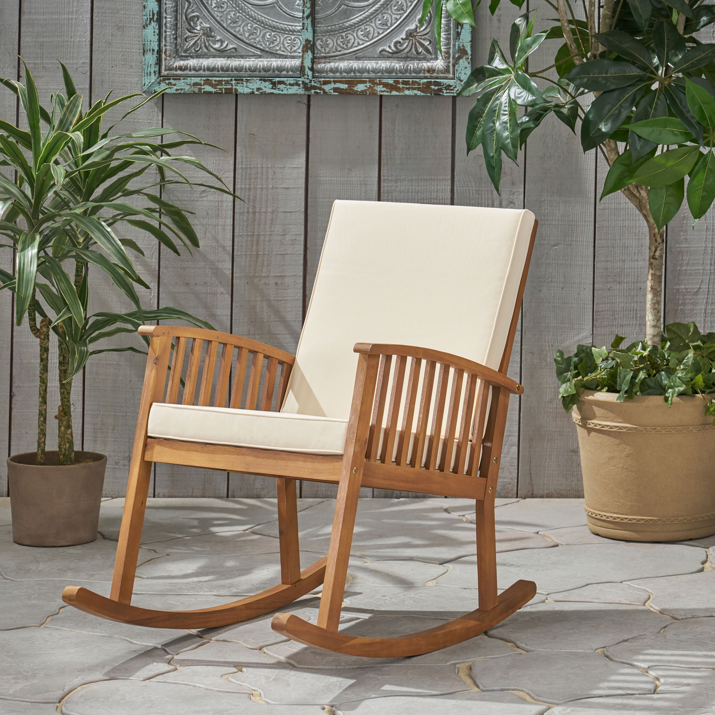 Casa Brown Acacia Wood Rocking Chair with Beige Cushions